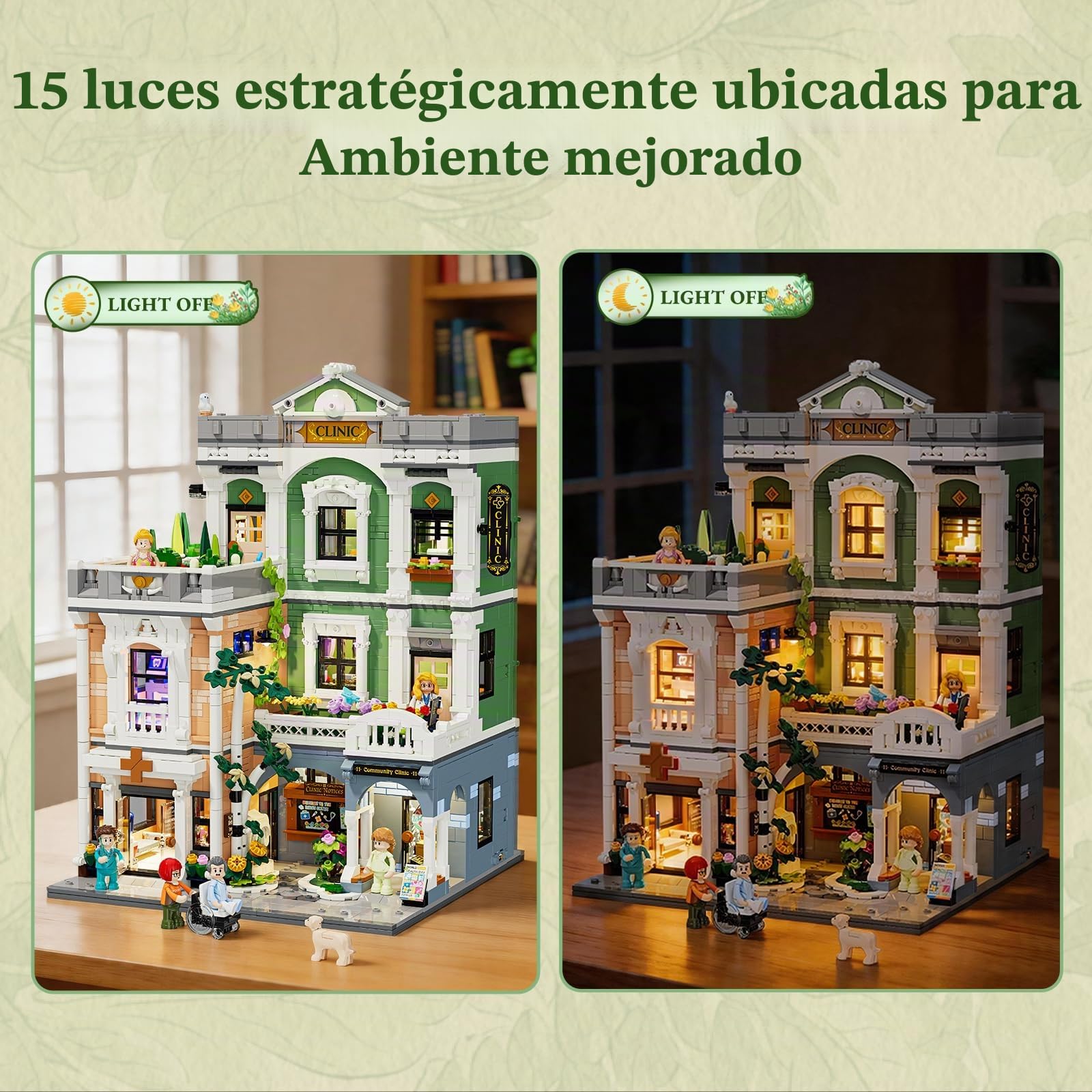 LUMIBRICKS Greenway Clinic Set de bloques de construcción iluminados, clínica de 3 plantas con luz LED, 1800 piezas Edificio modular con ascensor e interiores, regalo para adultos