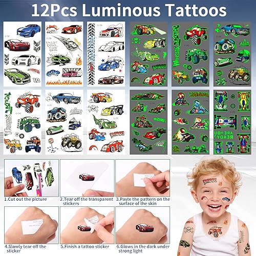 Miniatura 5 de Winrayk 12 juegos de recuerdos de fiesta de coches de carreras, suministros de cumpleaños, bolsas de cordón de carreras, calcomanías luminosas de