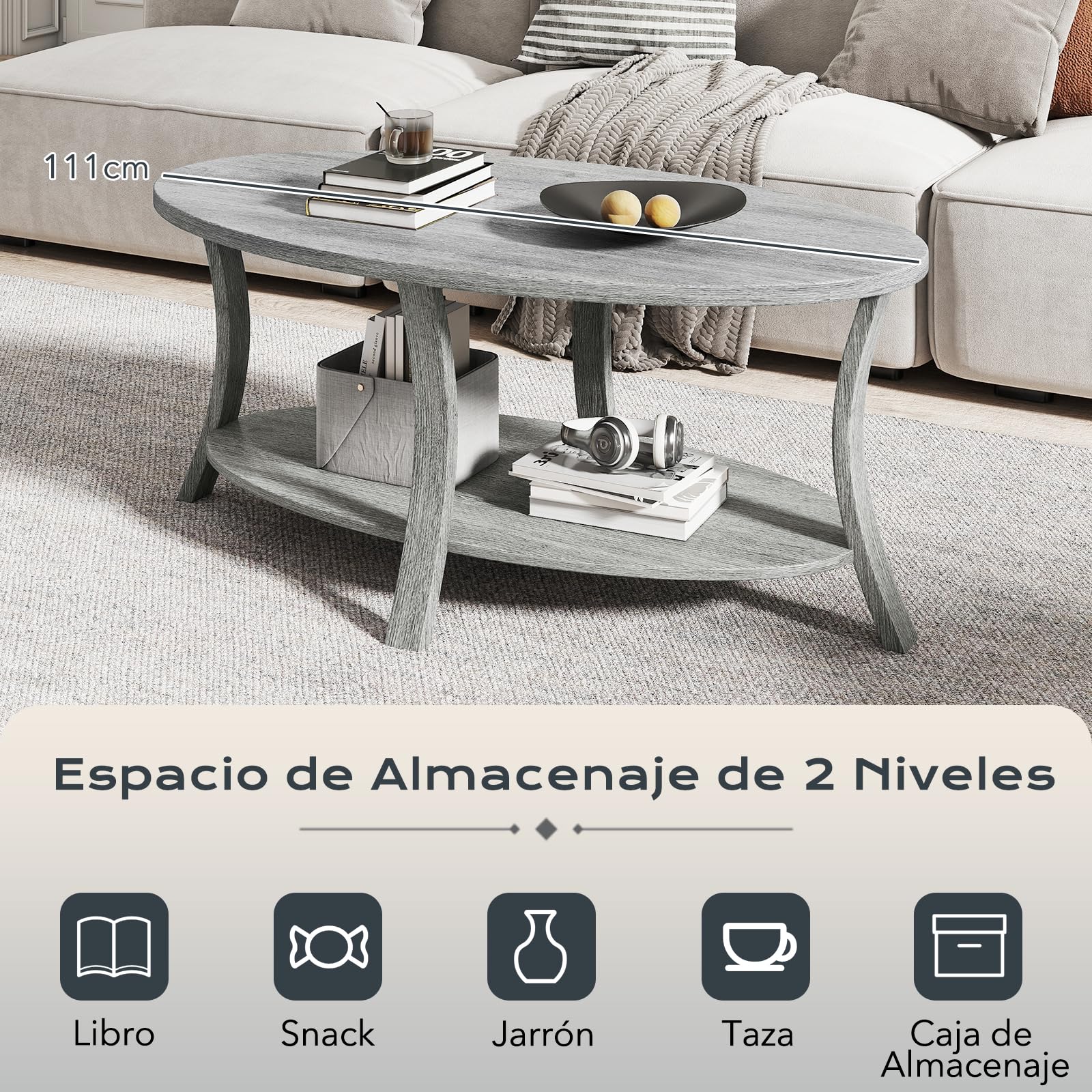 GOPLUS Mesa de Café Ovalada, Mesa Decorativa de Madera de Caucho con Estante de Almacenamiento Abierto, Mesa de Centro de 2 Niveles con Patas de Soporte Robustas para Sala de Estar Estudio (Gris)