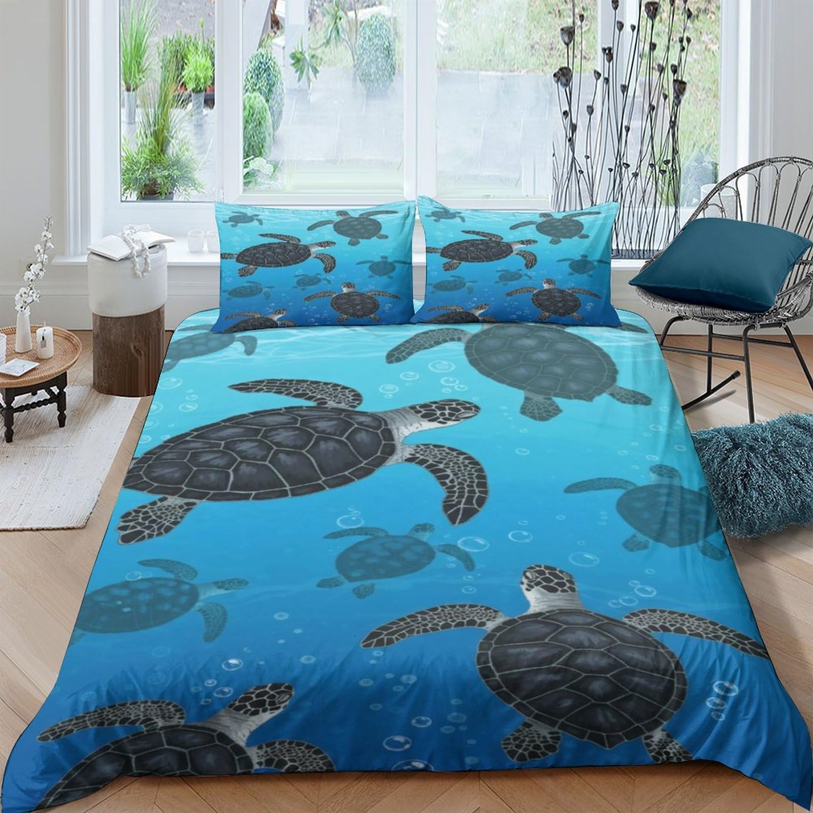 GPLZQXKJNH 3D Printed Sea Turtle Duvet Cover Set Microfiber Blue Ocean Quilt Cover with 2 Pillowcases for Bedroom Decor Single（135x200cm）