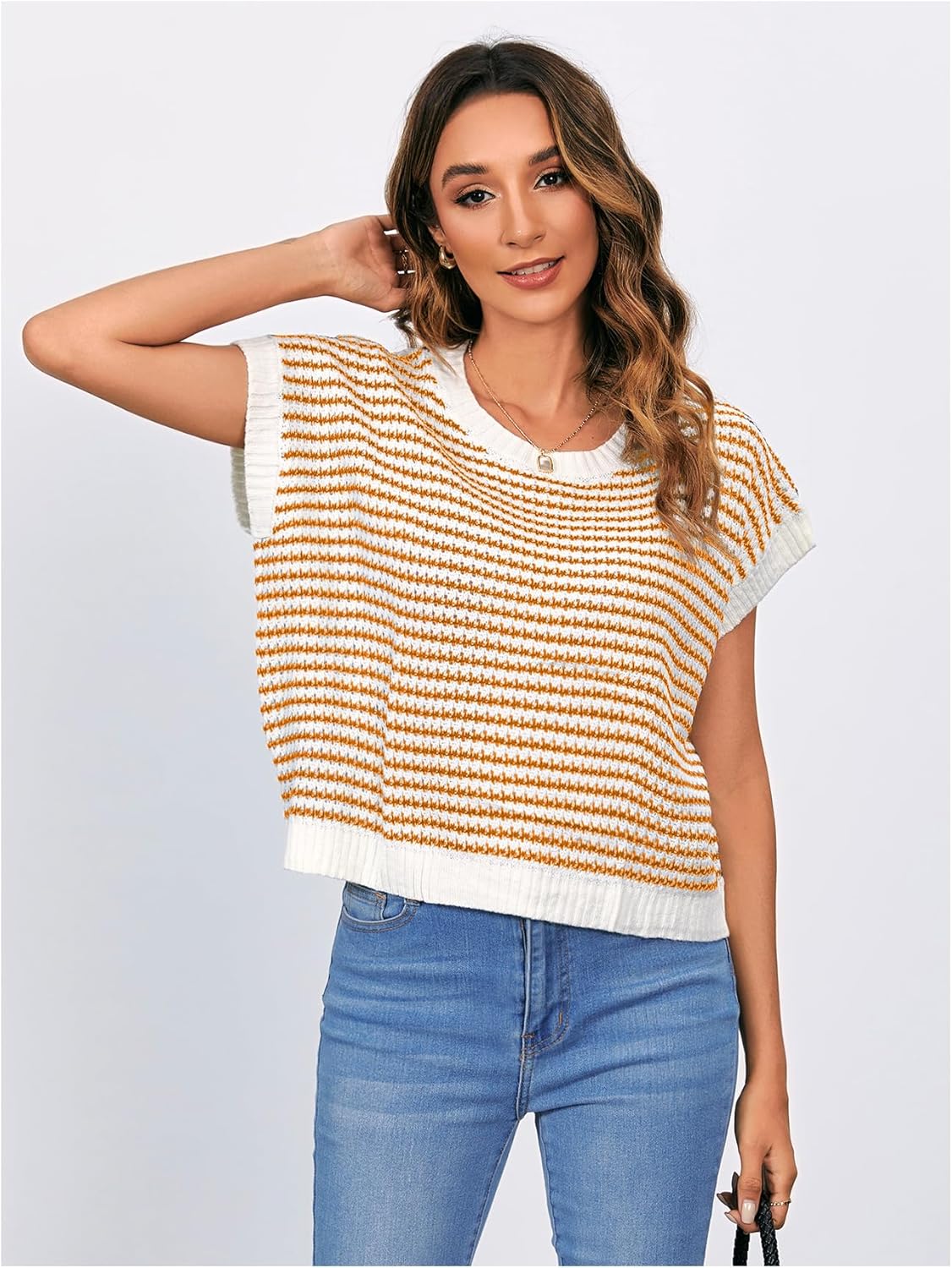 MakeMeChic Women's Striped Knit Vest Tops Short Sleeve Sweater Vest Tank Top - Image 5