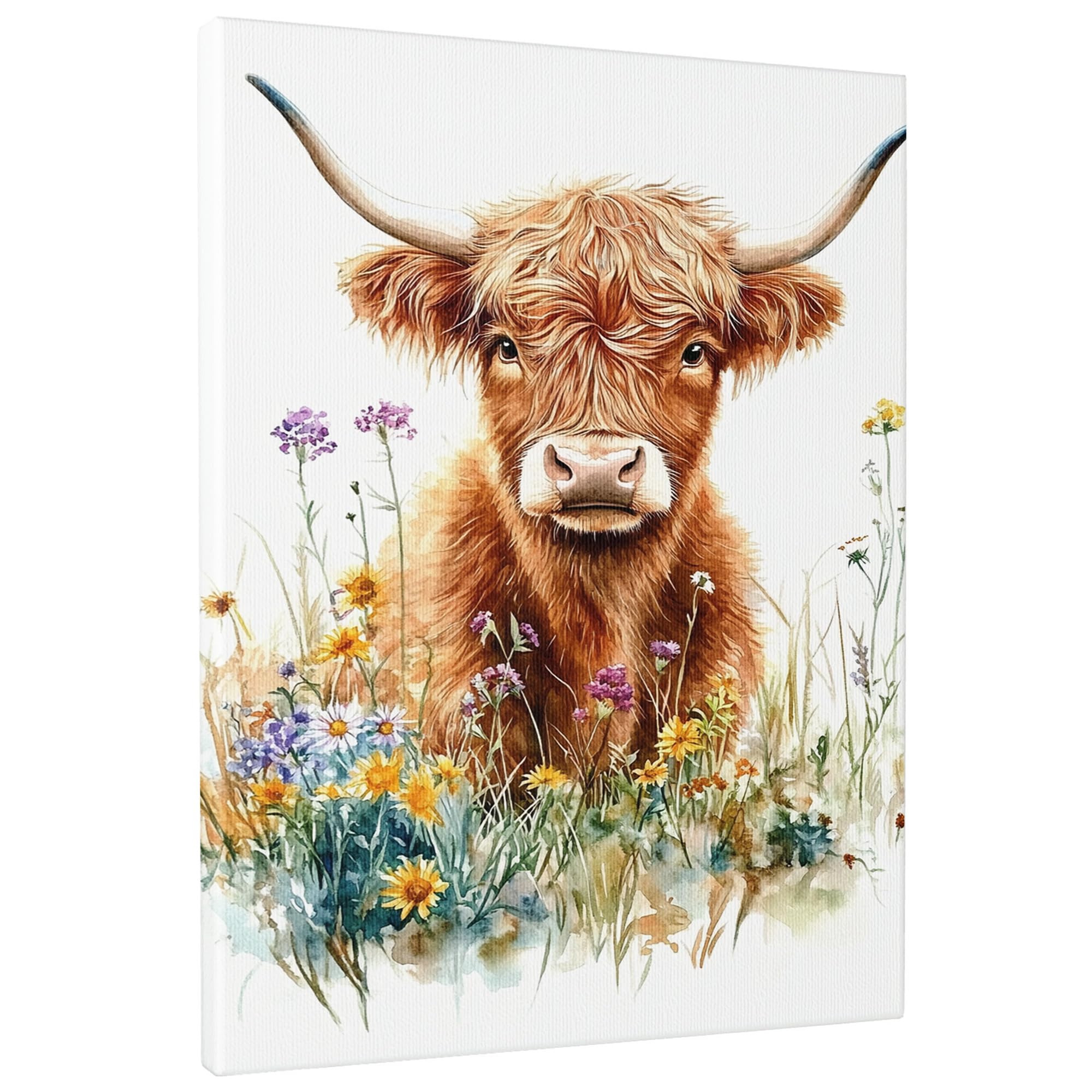 Highland Cow Canvas Wall Art, Brown Floral Animal Print, Rustic Decor for Living Room, Bedroom, Nursery, Unframed 12x16 Inch