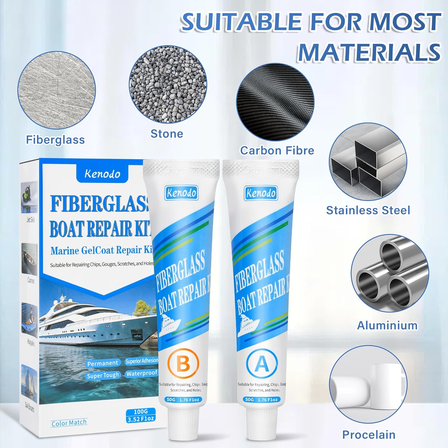 Marine Fiberglass Repair Kit for Boats, Gel Coat Kepair kit for Boats, Epoxy Filler for Repairs Cracks, Scratches, Debris, Holes, Gaps, Suitable for Fiberglass, Acrylic, Porcelain 100g-1.76oz