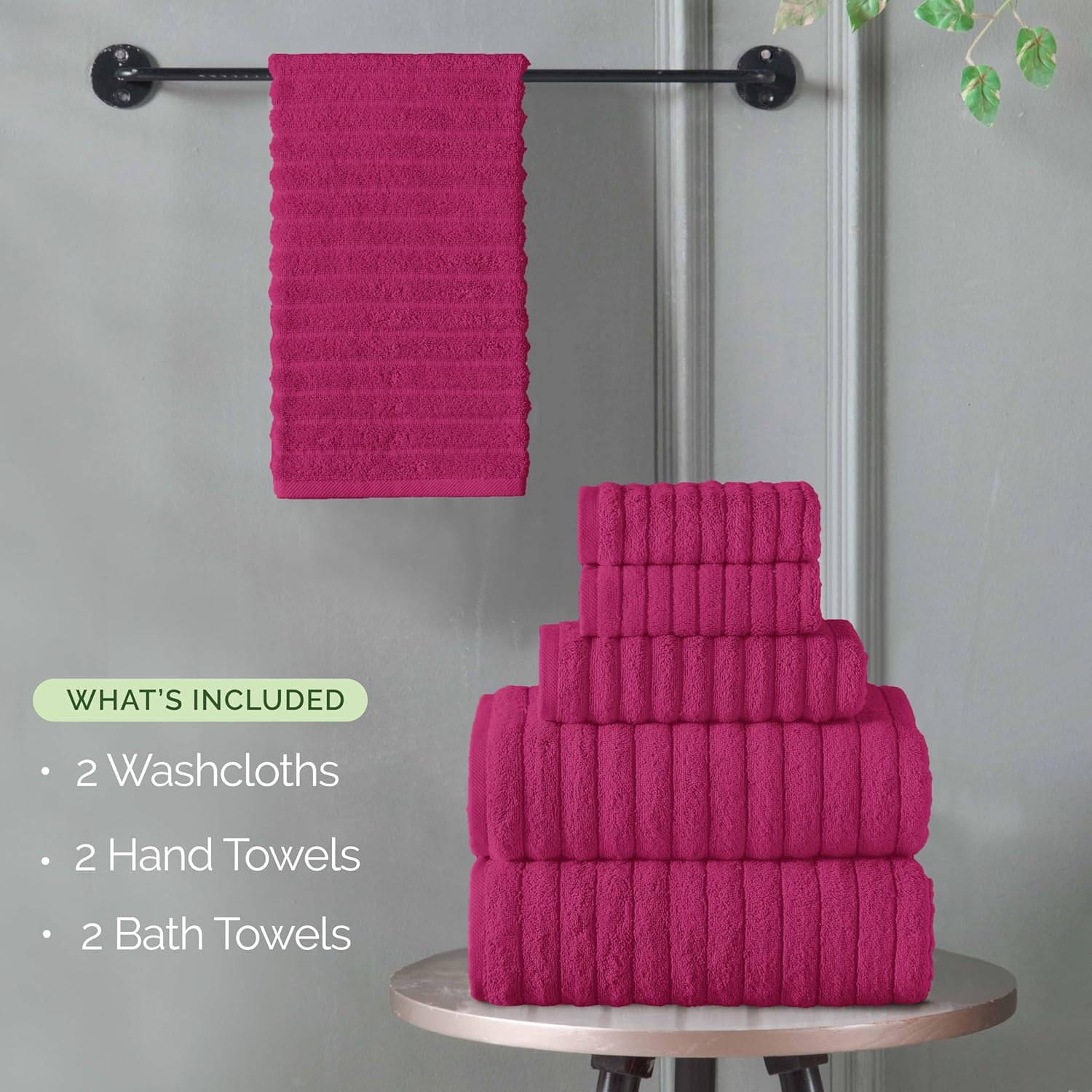 Elegant Comfort 100% Turkish Cotton Corduroy Ribbed Luxury Bath Towels 6-Piece Set, Premium Feel - Quick Dry, Highly Absorbent, Contains 2 Bath Towels, 2 Hand Towels, and 2 Washcloths, Hot Pink - Image 4