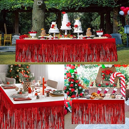 Miniatura 39 de Paquete de 2 faldas de mesa de oropel con flecos metálicos de 29.5 x 108 pulgadas para mesas rectangulares, falda de mesa de fiesta para bodas