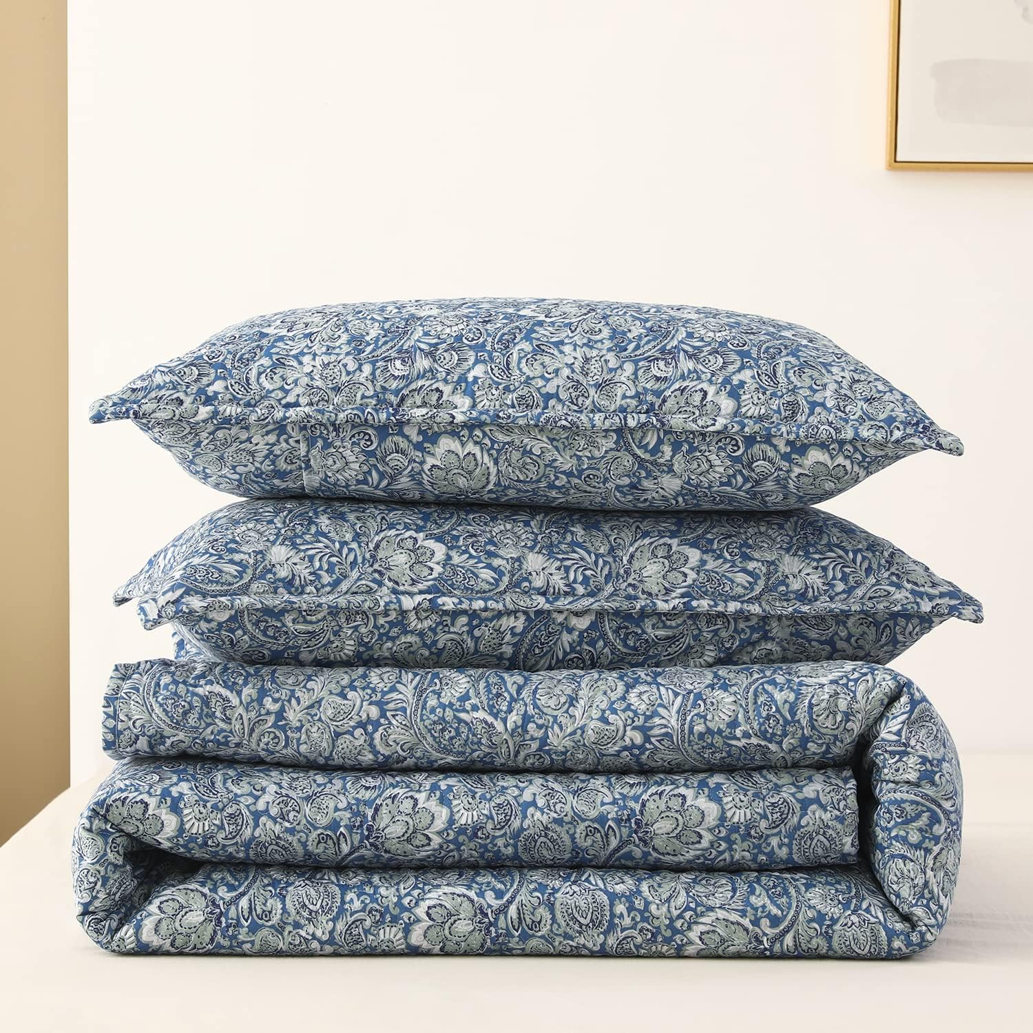 DURLENGEN Quilt Set California King Size 3Pcs,Soft Microfiber Lightweight Bedspread,Blue & Green Paisley Floral Geometric Pattern Coverlet for All Season Layering(Cal King 112x104,Paisley Blue) - Image 7