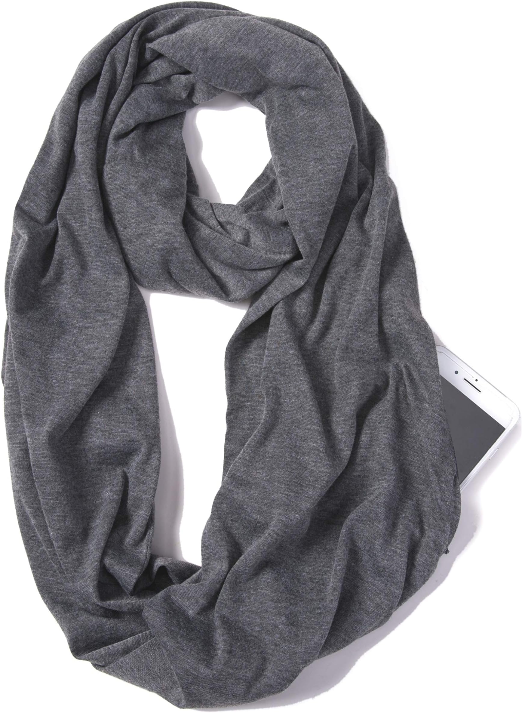 Infinity Loop Solid Color Scarf With Hidden Zipper Pocket For Women - Lightweight Travel Neck Wrap