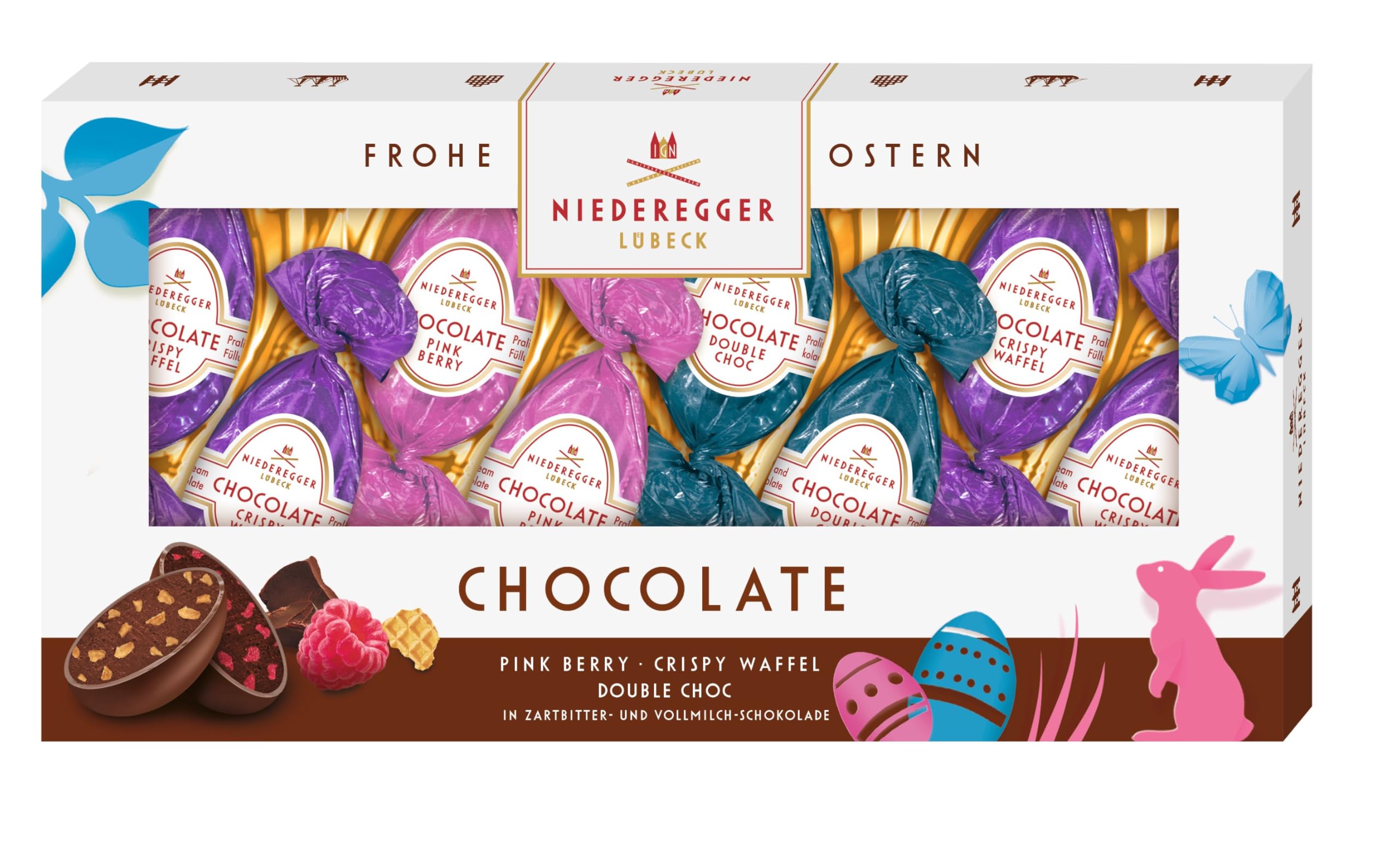 Niederegger | Schokoladen Eier | 1x 100g | Schokoladeneier in den Sorten Pink Berry, Crispy Waffel & Double Choc | Umhüllt von Zartbitter- und Vollmilch-Schokolade | Ostergeschenk | Schokoeier