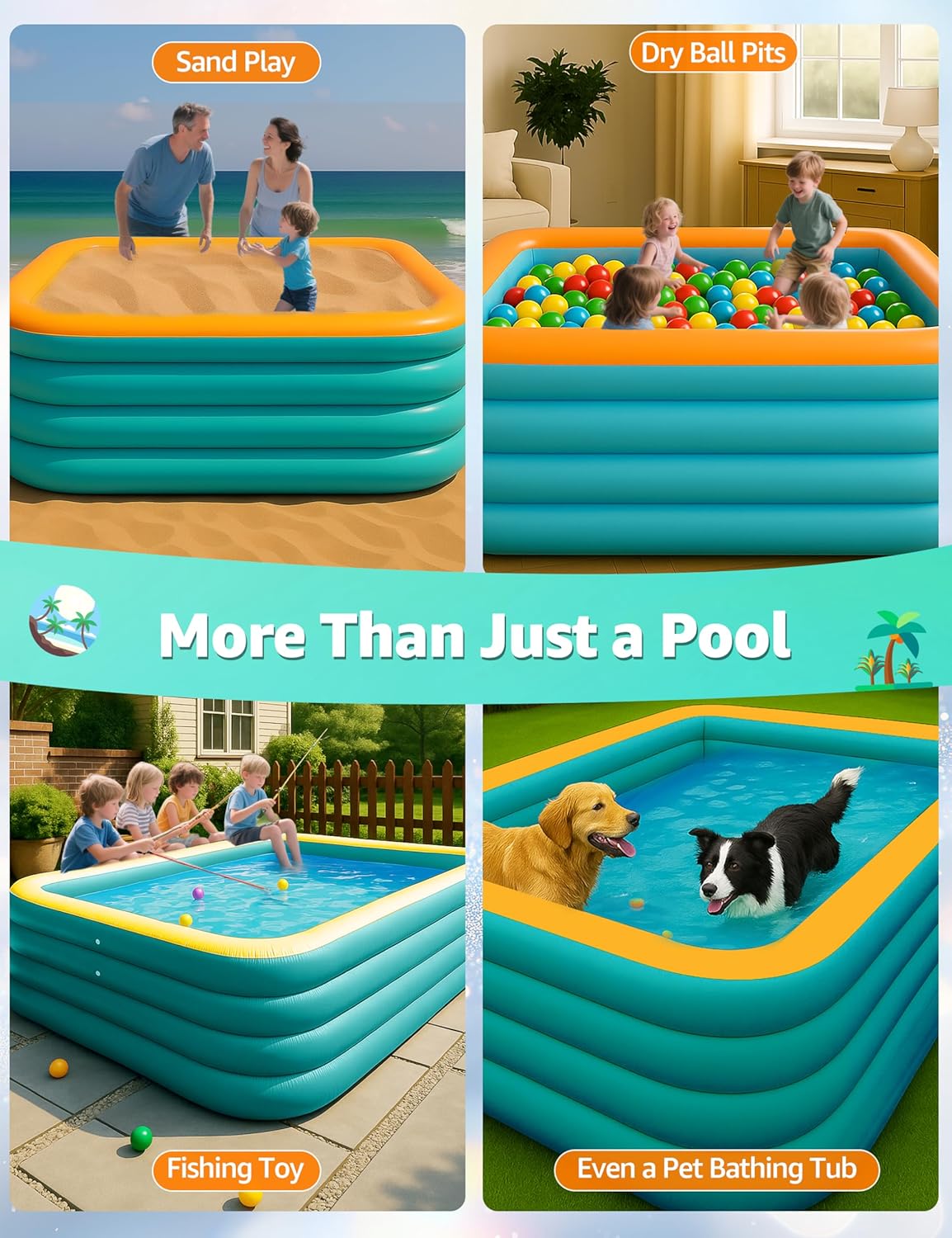 Inflatable Pool for Adults Family, 118" x 70" x 27" Large Blow Up Above Ground Pool, 4-Chamber 0.34mm Thick PVC, Puncture Leak Resistant, Fast Inflate for Backyard Garden Indoor Outdoor Summer Fun