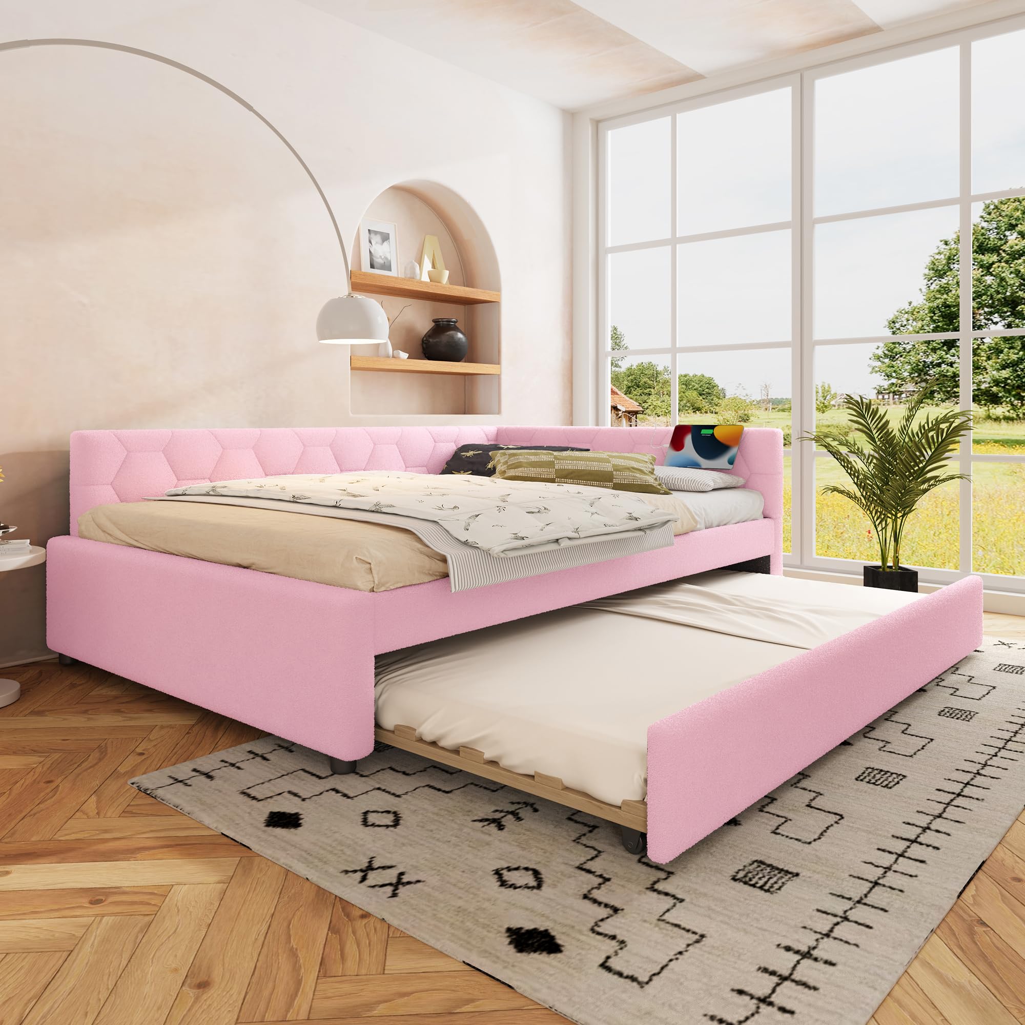 Letto Tessile 140x200cm con Sommier a doghe stabili e Struttura Letto Matrimoniale fissa divano piattaforma in legno mdf estensibile secondo letto estraibile tessuto Rosa