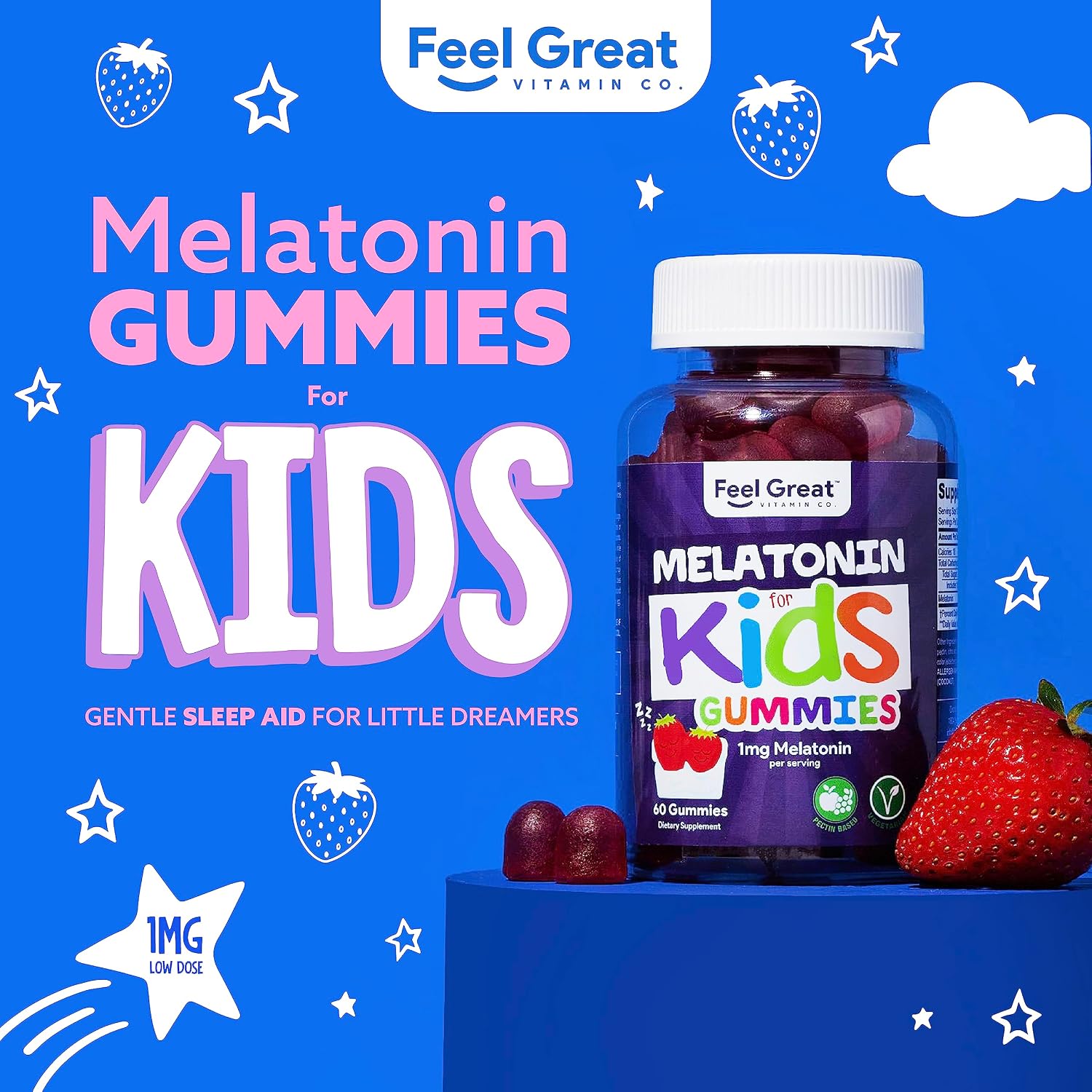 Melatonin Gummies for Kids (1mg) by Feel Great Vitamin Co. | Natural, Drug-Free Sleep Aid for Kids | Vegan + Gluten-Free Sleep Gummies for Children | 60 Count