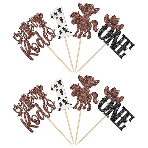 Miniatura 3 de 24 piezas de decoraciones de vaquero para magdalenas de primer cumpleaños, sombrero de vaquero con purpurina para primer cumpleaños, decoración para