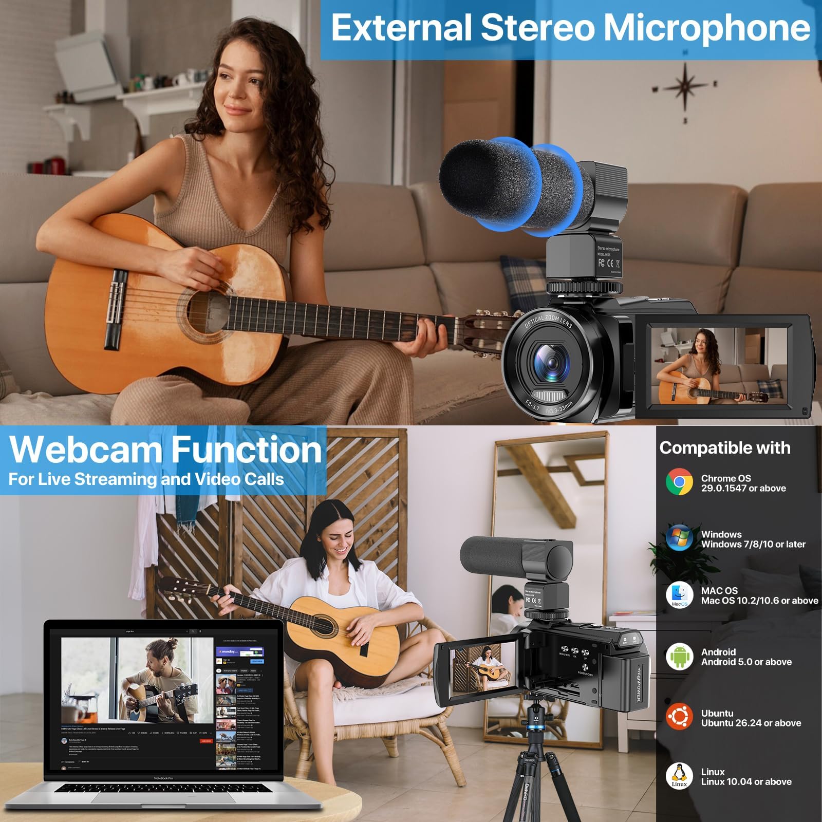 Video Camera, 5K Camcorder UHD 48MP WiFi Vlogging Camera for YouTube IR Night Vision Anti-Shake 16X Digital Zoom 3” Touch Screen Camera with Microphone,Handheld Stabilizer,Lens Hood,Remote,2 Batteries