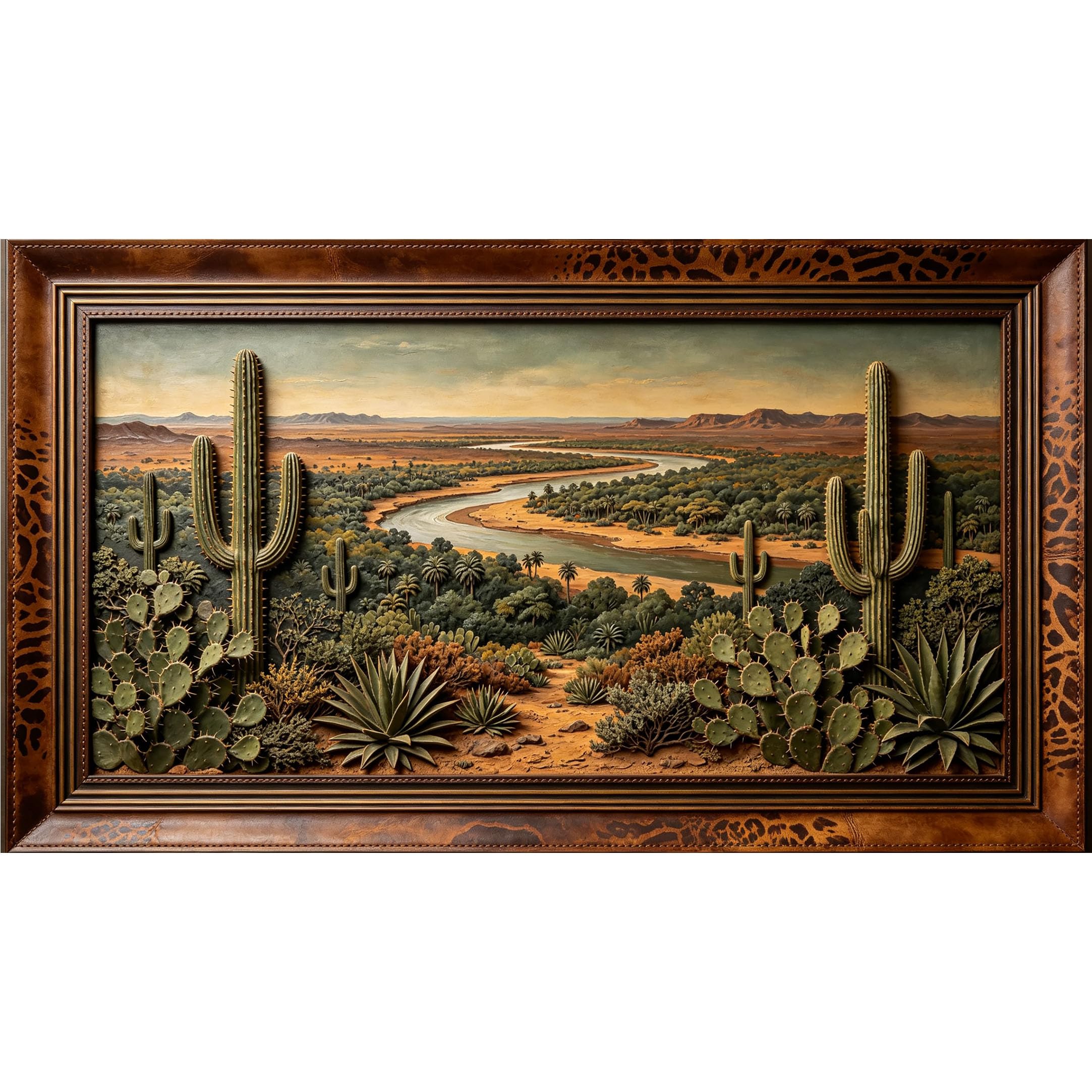 QZLITHOTIC 50×90cm3D Framed Wall Art， Desert River Cactus Landscape Self?Adhesive Mural， Water?Activated Peel & Stick Fabric Decor Wall Decal for Bedroom Living Room