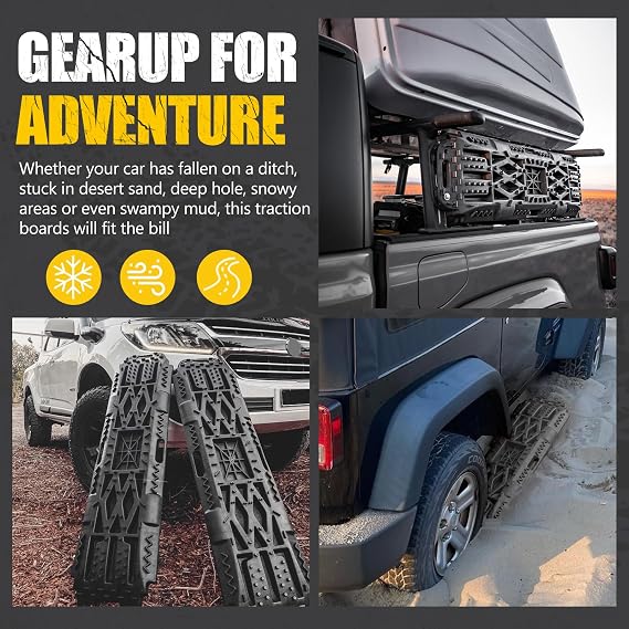BUNKER INDUST Offroad Traction Boards with Jack Lift Base, Mud Sand Tracks Snow Tire Traction Mat Recovery Ramp for 4X4 Jeep Truck SUV ATV UTV Pair Black Traction Pads (Gen 2th)
