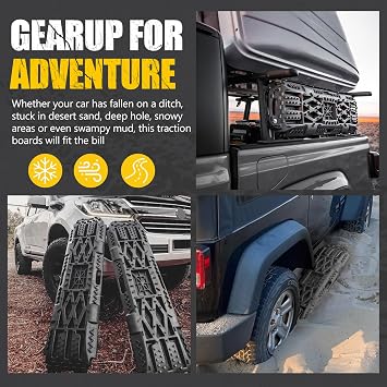 BUNKER INDUST Offroad Traction Boards with Jack Lift Base, Mud Sand Tracks Snow Tire Traction Mat Recovery Ramp for 4X4 Jeep Truck SUV ATV UTV Pair Black Traction Pads (Gen 2th)