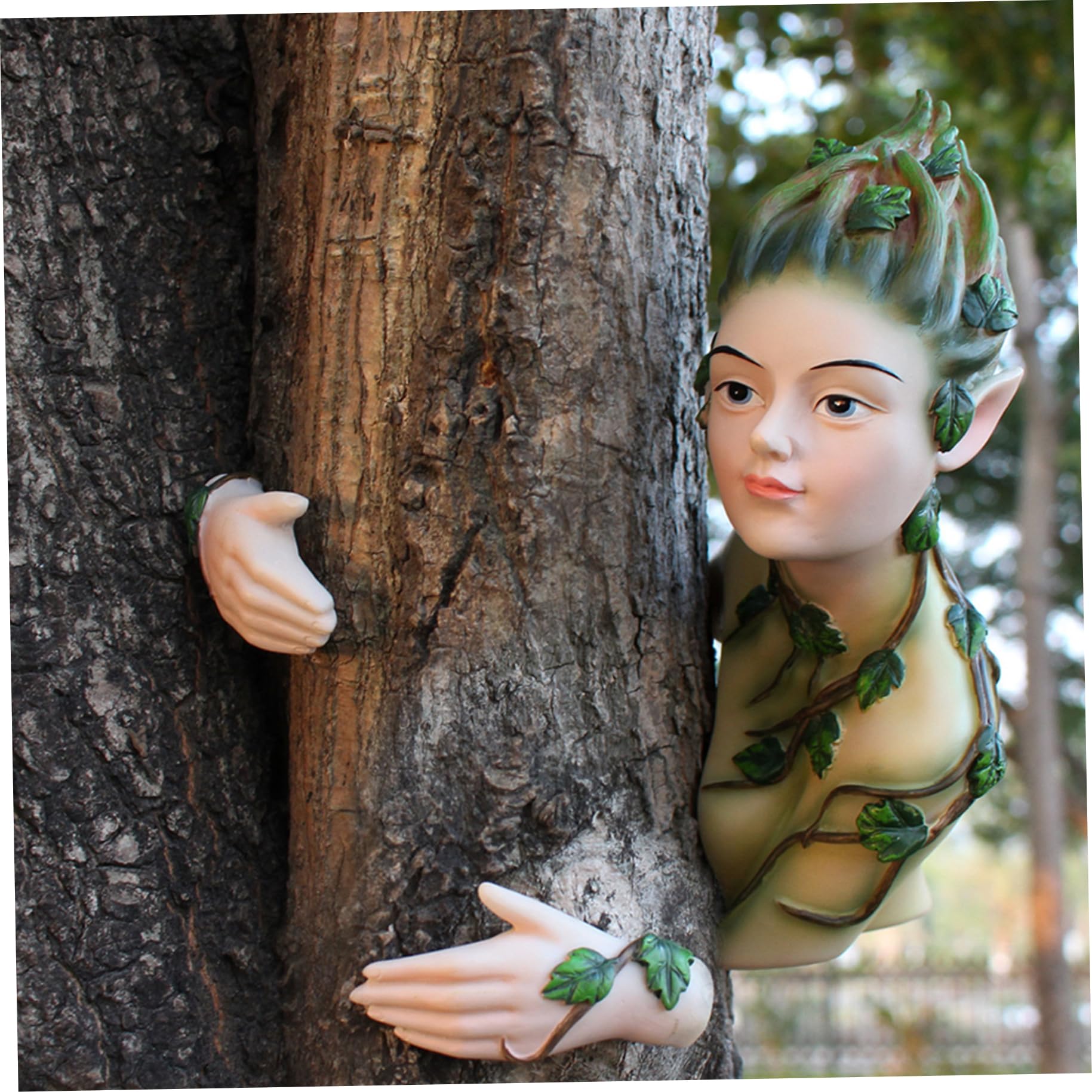 Hperu Tree Decor Outdoor Fairy Tree Hugger, Weatherproof Resin, Green, Magical Realism Style, Tree Mount, Wipe Clean