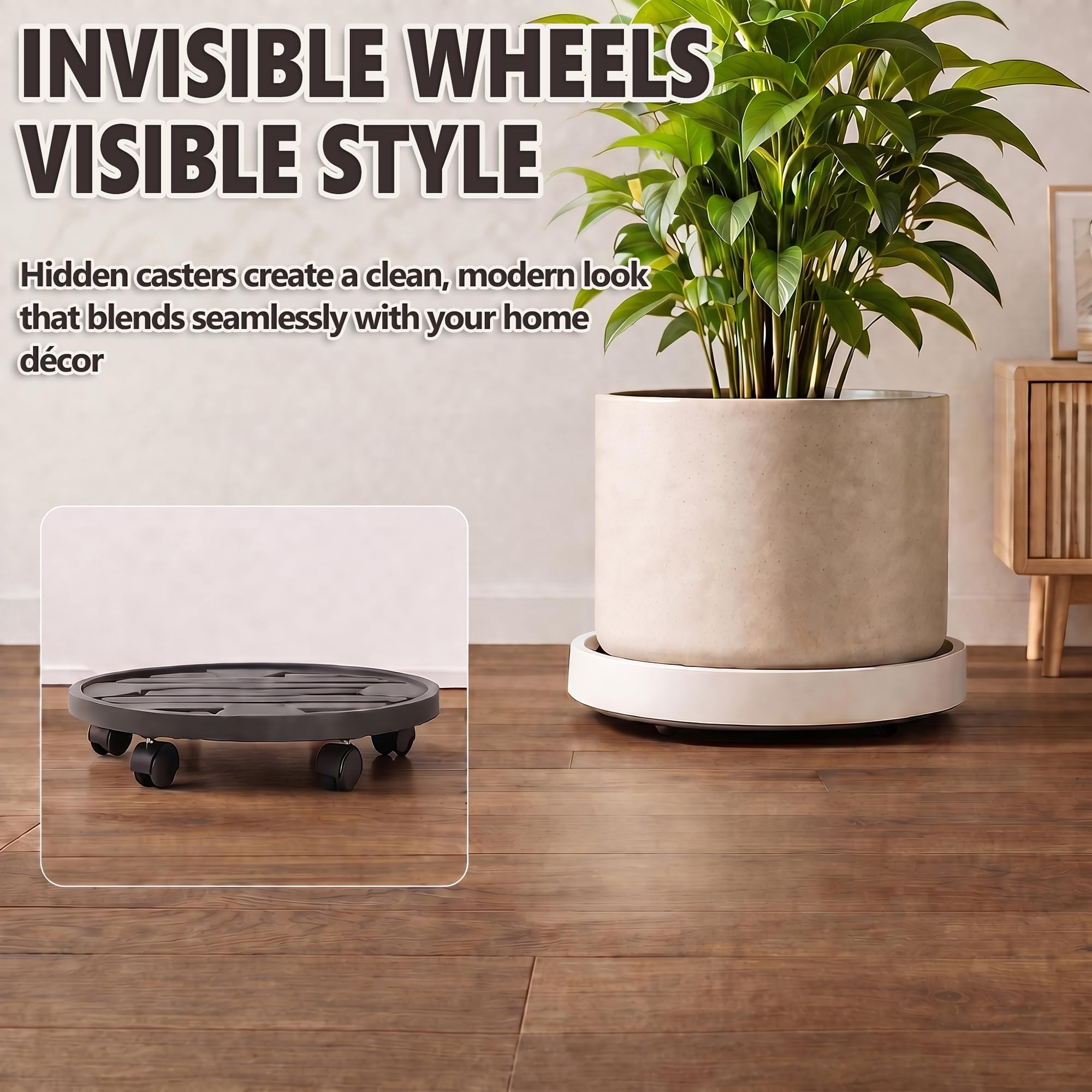 Lot de 2 paniers à roulettes cachés de 30 cm, 4 traiteurs invisibles, support de plantes, chariot de jardinière, base à roulettes, palette de plantes d'intérieur, beige