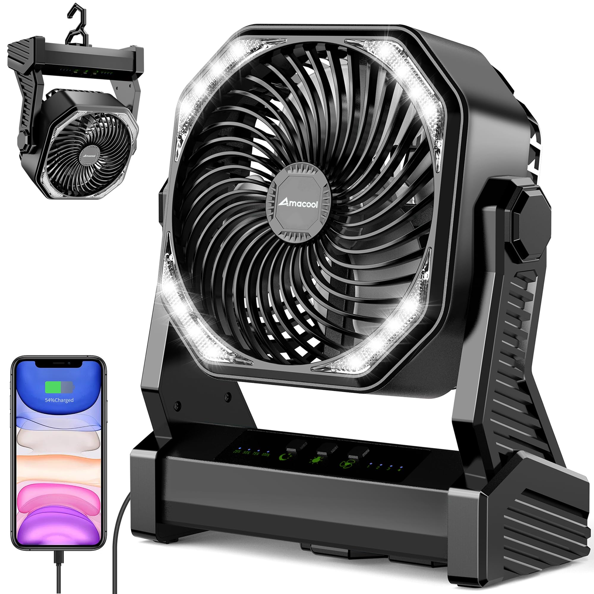 Ventilatore Portatile Da Campeggio 20000 MAh – Con Lanterna LED, Telecomando, Oscillante E Gancio - 4