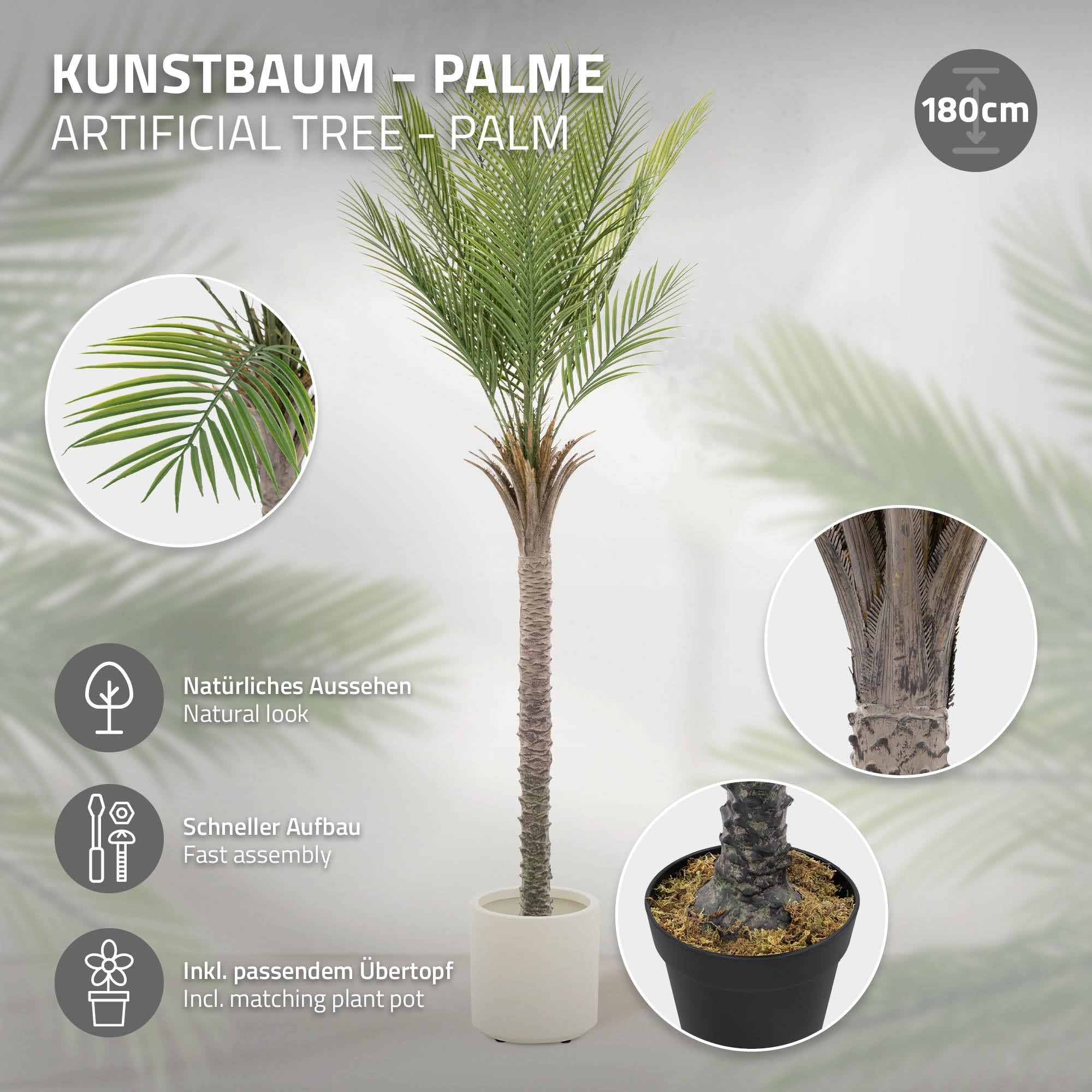ML-Design Künstliche Palme 180 cm, Künstliche Pflanzen groß, Tropische Kunstpalme, Kunstpflanze, Fake Plant Deko, Plastik Pflanze im Topf für Indoor/Outdoor, Kunstbaum wie echt für Wohnzimmer Büro