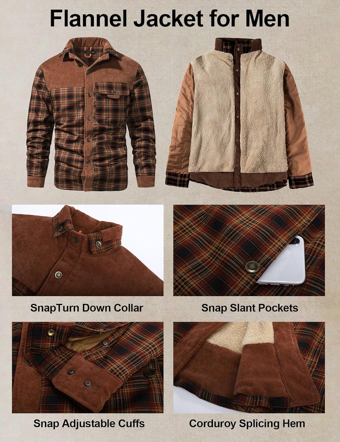 Flygo Men's Sherpa Lined Plaid Flannel Shirt Jacket Snap Button Warm Winter Jacket with Pockets - Image 4