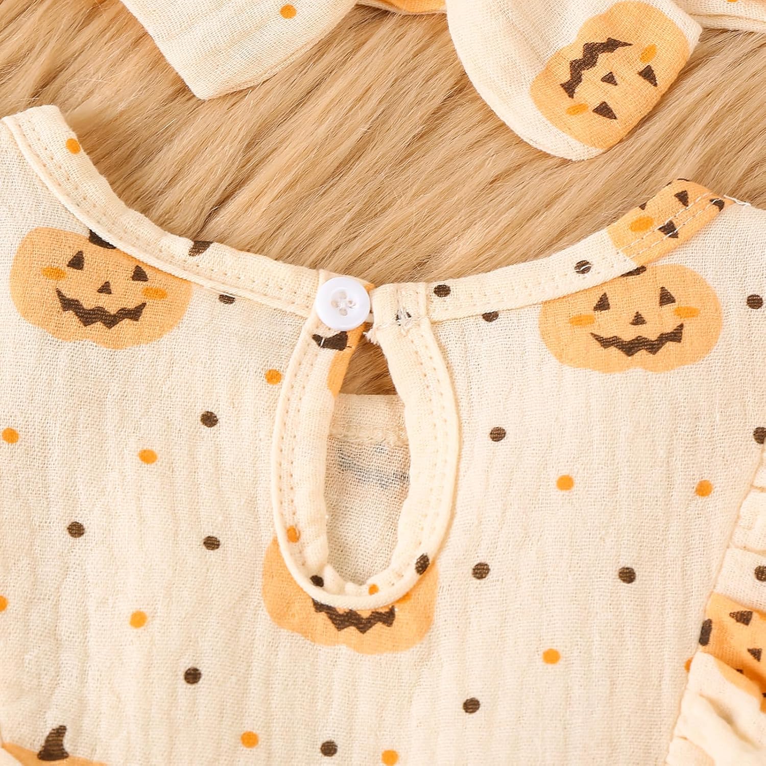 Newborn Baby Girl Halloween Clothes Puff Sleeve Cotton Linen Ruffle Pumpkin Print Jumpsuit Fall One Piece Outfits - Image 6