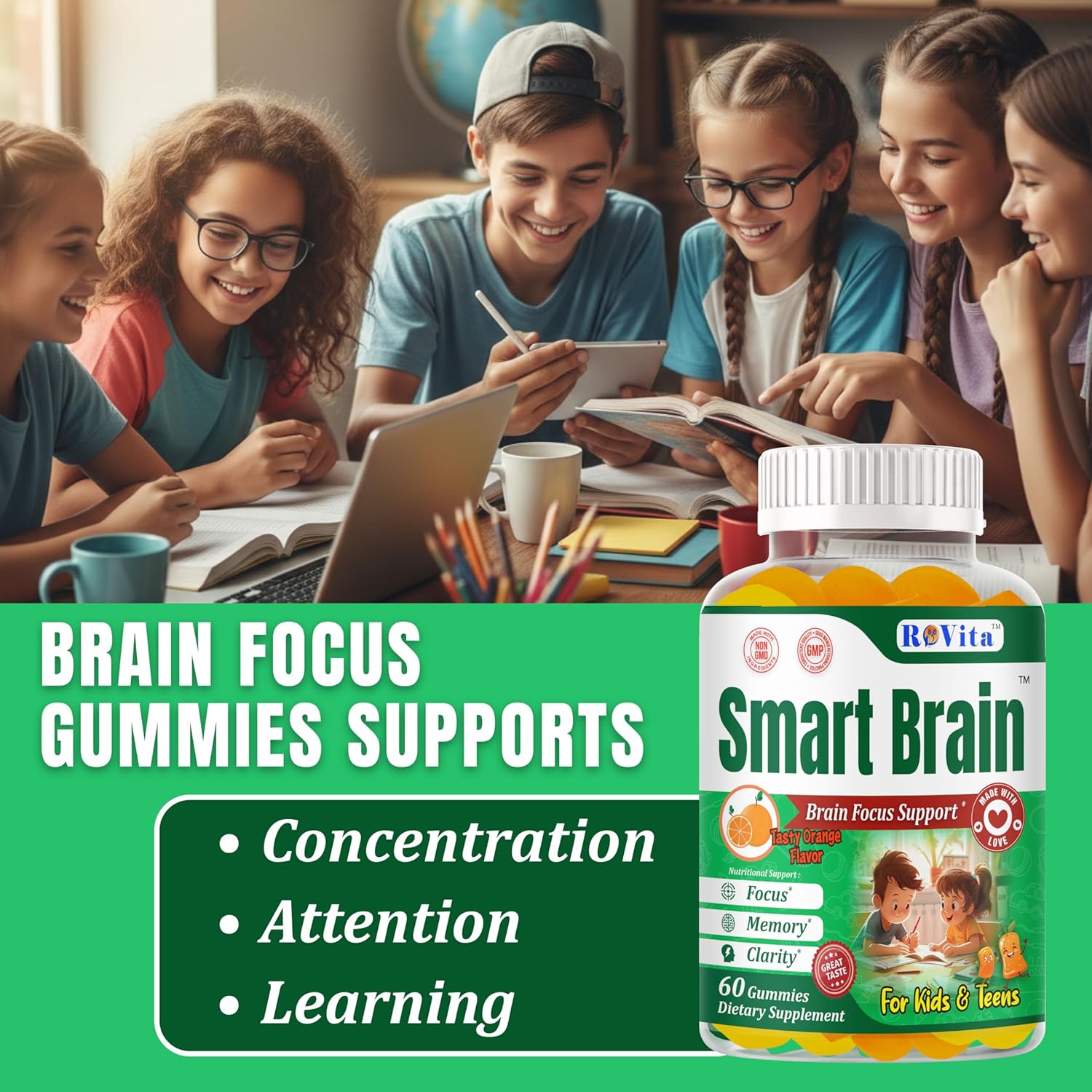 Smart Brain Omega 3 for Kids Gummies with DHA – Focus Gummies for Kids & Teens Kids Gummy Vitamins – Brain Support Teen Omega 3 Supplement – Learning & Mental Clarity Support– 60 Gummies - Image 3