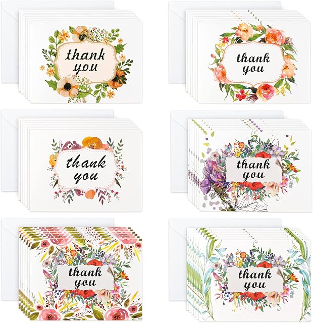 Feela Thank You Cards, 36 Bulk Floral Thank You Notes Greeting Cards with 36 White Envelopes and 6 Bonus Stickers, Kids Thank You Card Perfect for Baby &Bridal Shower Wedding Graduation Anniversary