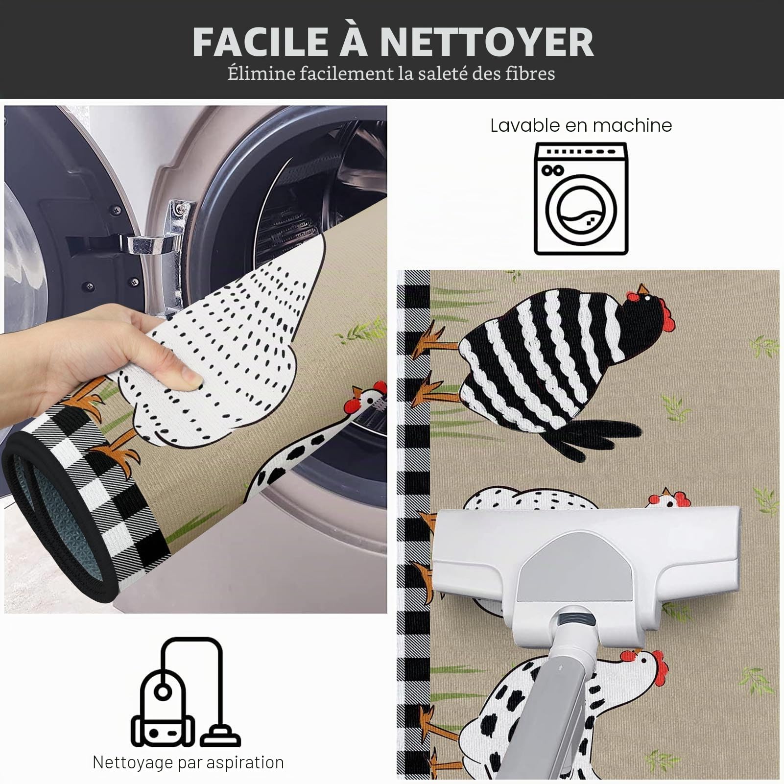 Lot de 2 tapis de cuisine antidérapants lavables motif coq 39,9x59,7 cm et 39,9x119,6 cm noir et blanc