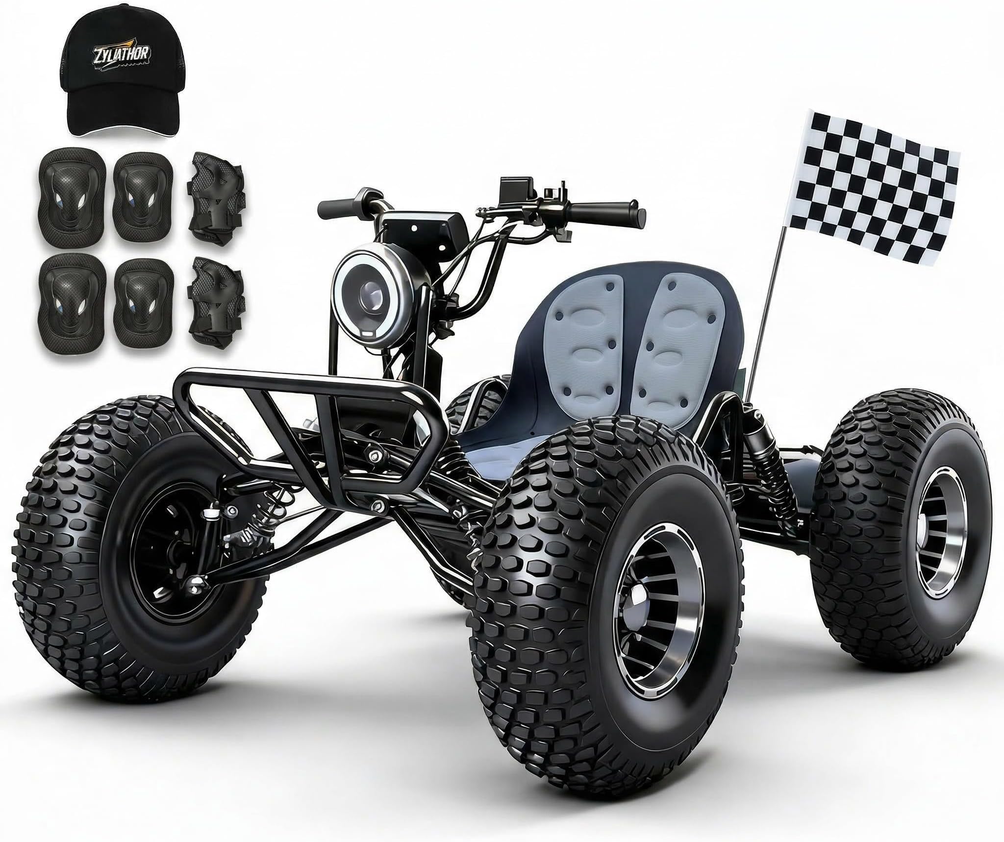 Zyliathor Electric Off-Road Go Kart, 12-Mile, Brushless Peak 4000W, Up to 31MPH, 3 Speed + Reverse + Limiter, Shaft Drive Diff, AT19x7-8 Tires, Family Backyard Trails, Beach/Sand (1500W 8" Shaft)