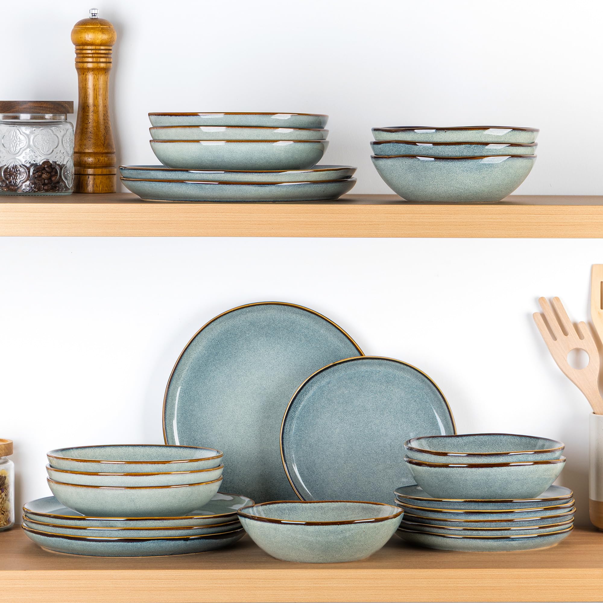 GBhome Steingut Geschirrset 6 Personen, 24-tlg Reaktive Glasur Handarbeit Geschirr Set, Mikrowellen- & Spülmaschinenfest Schüssel- und Teller Set
