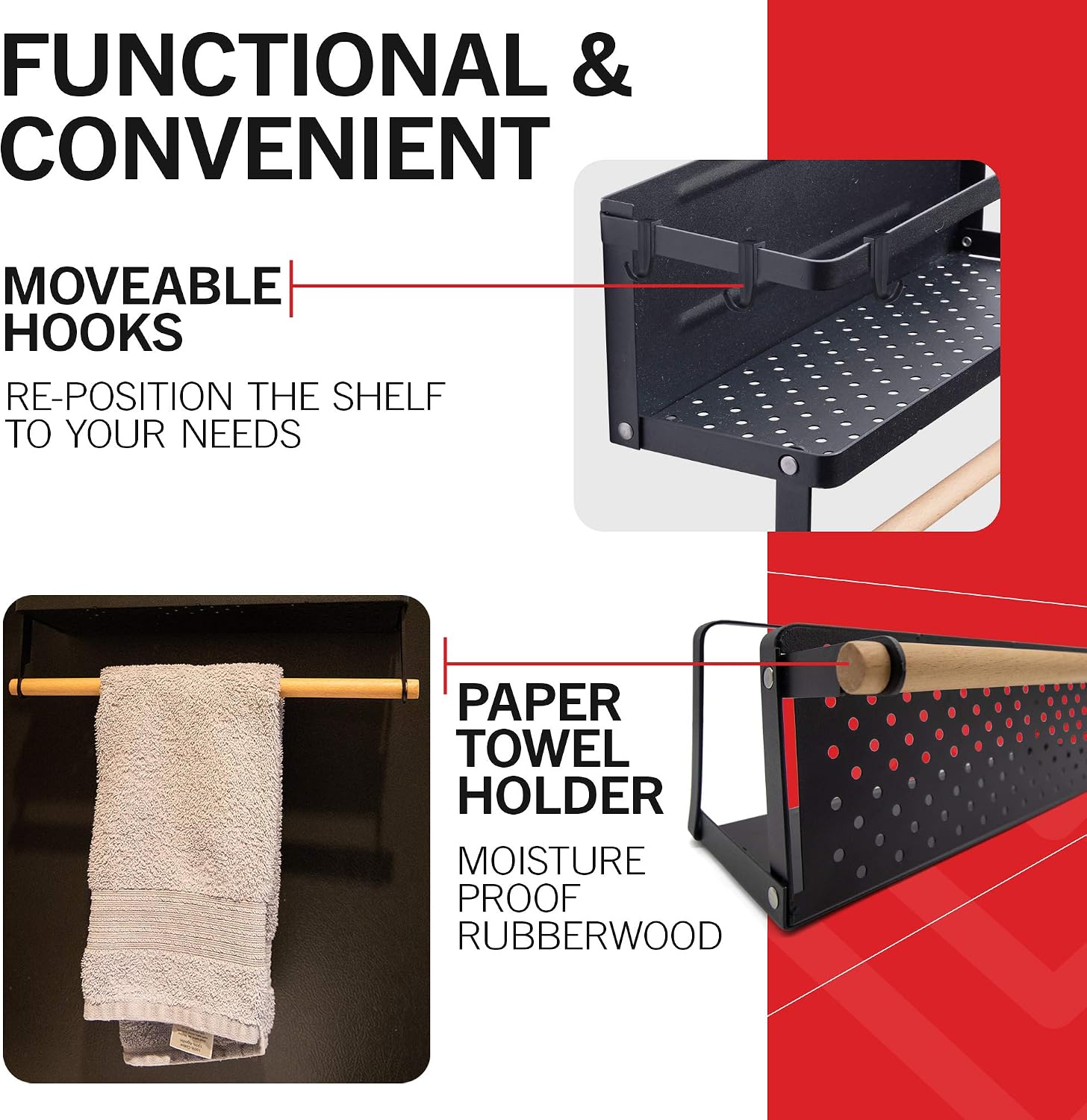 Multi-Purpose Magnetic Shelf - Space Saving Magnetic Shelf Storage - Refrigerator Magnet, Spice Rack or Garage Storage - Foldable Metal Organizer with Paper Towel Holder and Adjustable Hooks