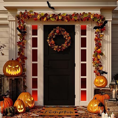 Miniatura 5 de Fabbay 2 tapetes de bienvenida de otoño, alfombra de lana cuadriculada en capas, tapete de fibra de coco de Halloween, tapete de calabaza para