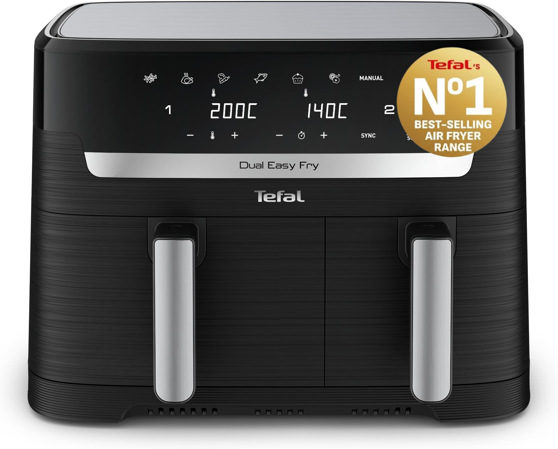 Easy Fry Dual Zone Digital Air Fryer, 2 Drawers, 8.3L, 8in1, Air Fry, Extra Crisp, Roast, Bake, Reheat, Dehydrate, 6 Portions, Non-Stick, Dishwasher Safe Baskets, Black & Metal EY901840
