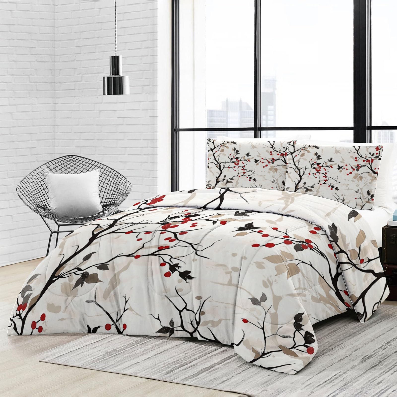 Kołdra 4 pory roku 200x200 cm - bez poszewki, zima i gorące lato, zmywalna, hipoalergiczna - Minimalistyczne kwiaty Gałązki pościel, czarna