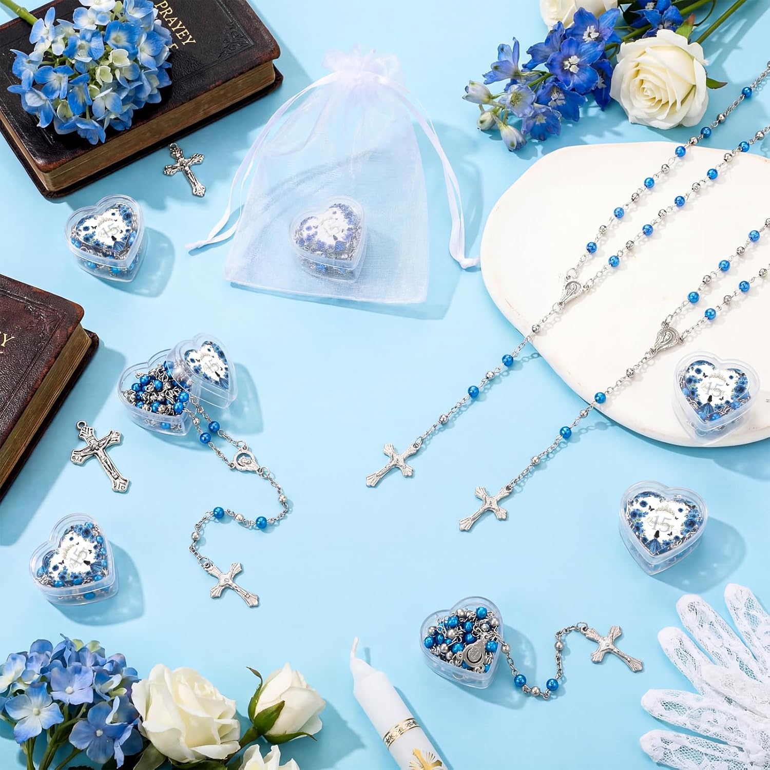 Huwena 24 Sets Quinceanera Party Favor for Guest Recuerdos Para 15 Años Quinceañeras Catholic Rosary Necklace Bulk Crucifix Prayer with Faux Pearl Sweet 15th Birthday Religious Gift with Box(Blue)