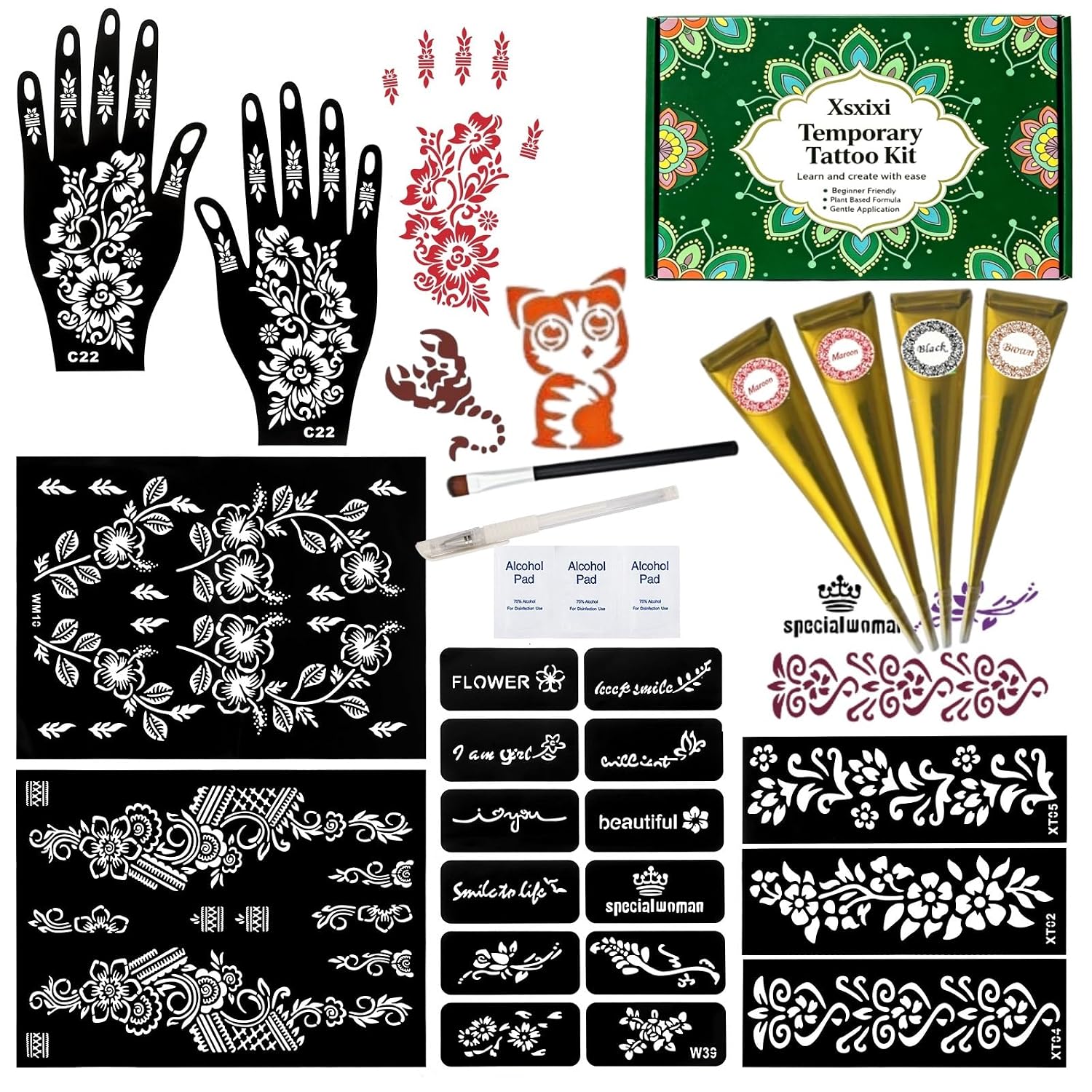 225 Pcs Temporary Tattoo Kit, 27 Reusable Designed Stencils with 9 Colors Tattoo Cones,Tattoo Outline Pen & Brush, Body DIY Art Painting for Women, Men, Teens Gifts Set for Party Festival & Creative