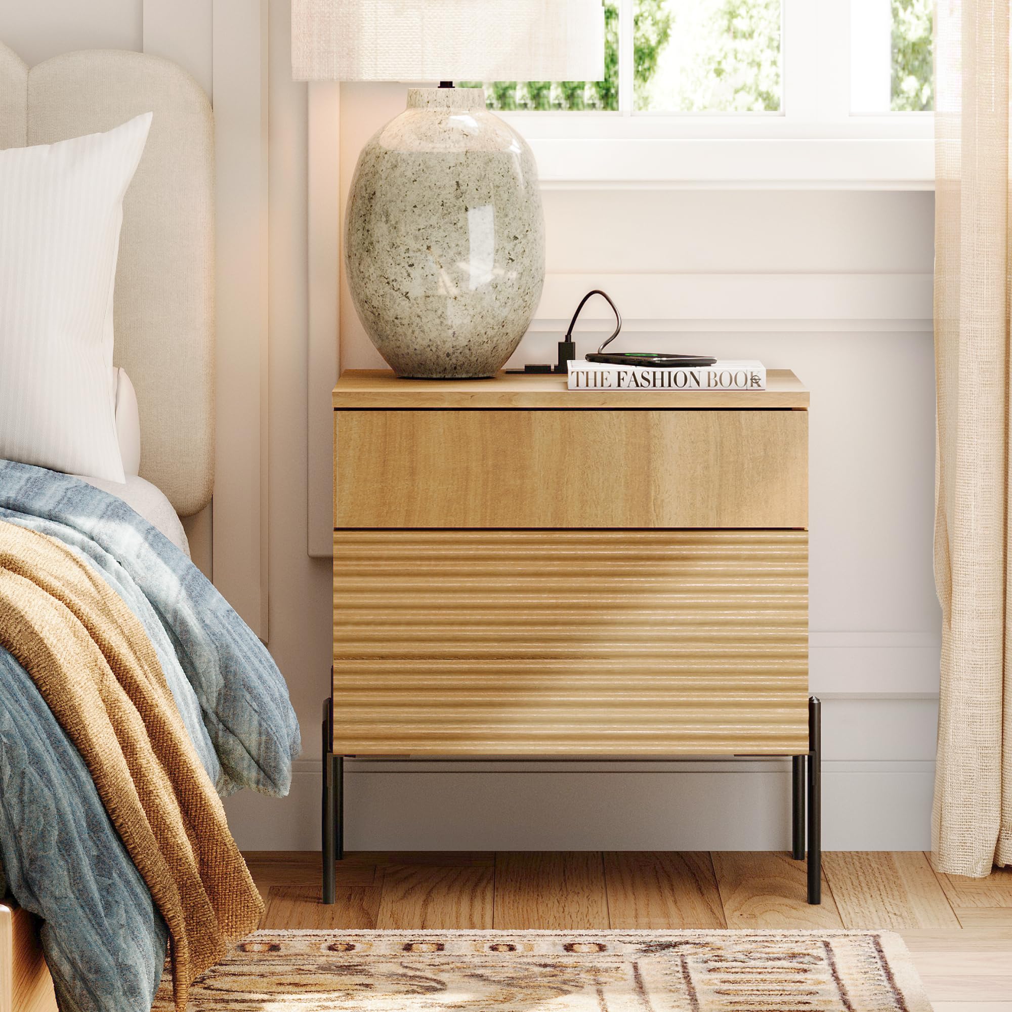 WAMPAT Fluted Nightstand with Charging Station, 18” Modern Bedside