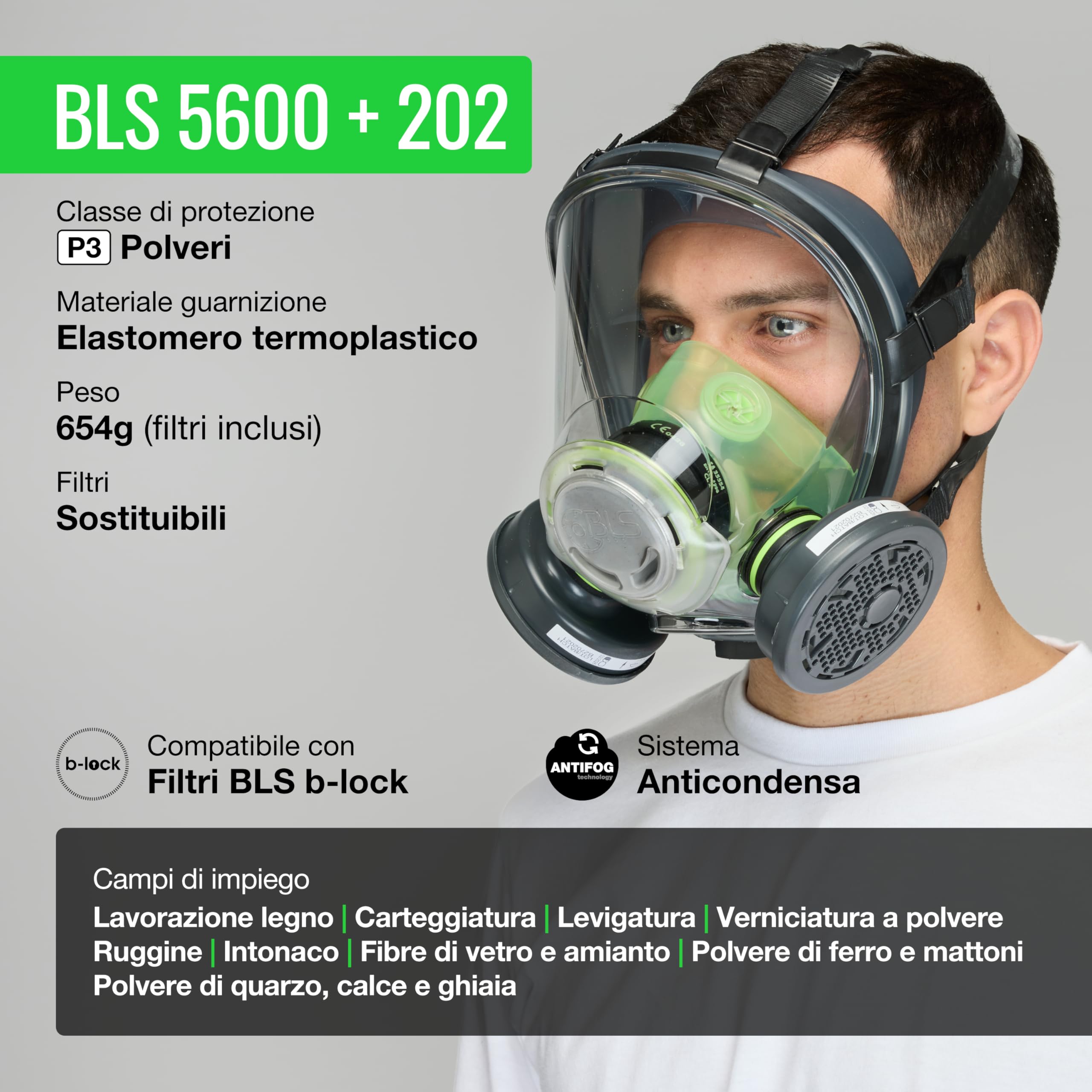 BLS 5600 con filtri 202 P3 R D Maschera Intera con Guarnizione in TPE e 2 Filtri Sostituibili 202 P3 con Attacco a Baionetta b-lock. Per Polveri, Amianto, Falegnameria, Edilizia e Fai da Te