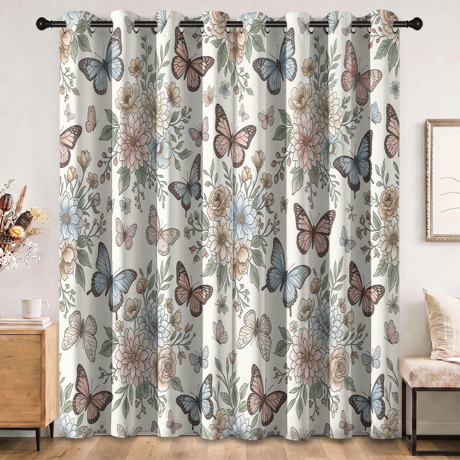 Rideaux Occultants Animal Floral 140L X 260H cm (2 Panneaux), Isolation Thermique Fixation par Oeillets Papillon Rustique & Fleurs Sauvages pour Chambre À Coucher, Rose