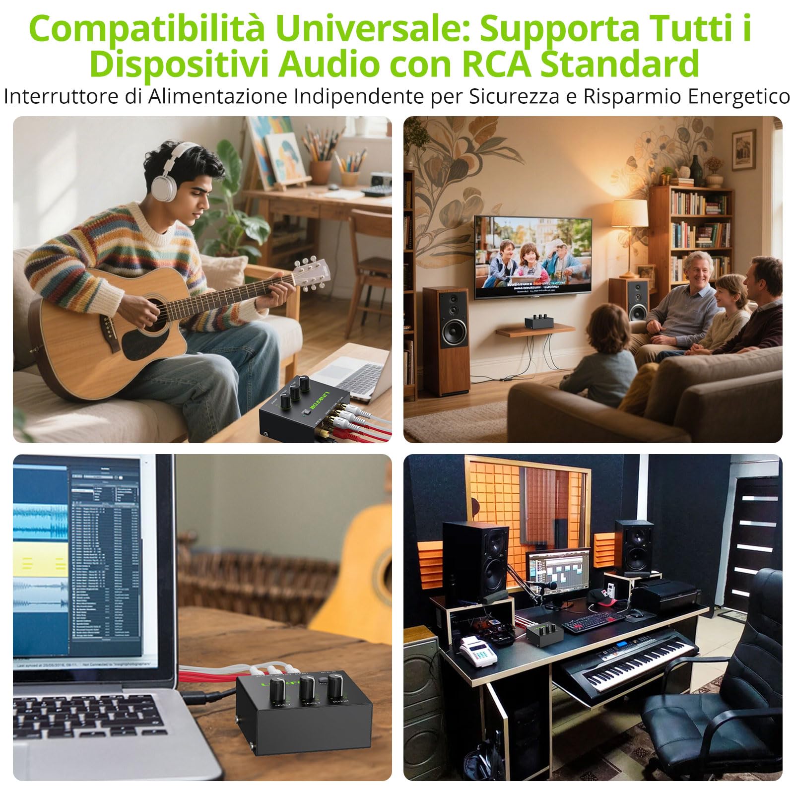 LiNKFOR Mixer Audio Stereo 2 Canali Attivo Basso Rumore, Audio Stereo RCA Compatto con Connettori Dorati, Mixer RCA 2 Canali con Controllo Volume Indipendente per PC/TV/Game