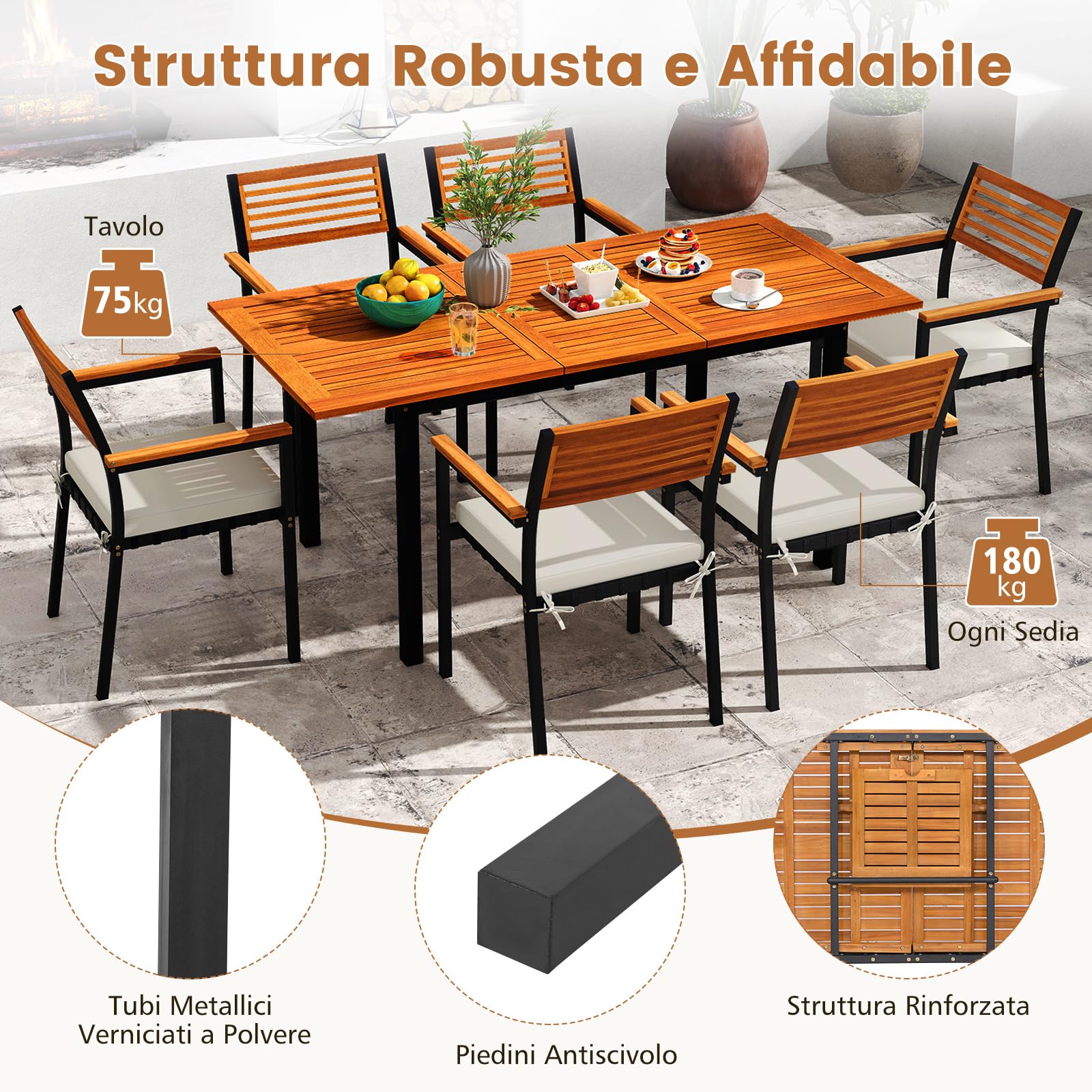 COSTWAY Tavolo Allungabile e 6 Sedie da Esterno, Pranzo da Giardino in Legno Massello, Tavolo con Foro per Ombrellone e Poltrone con Cuscini, Schienale e Braccioli, per Balcone e Cortile
