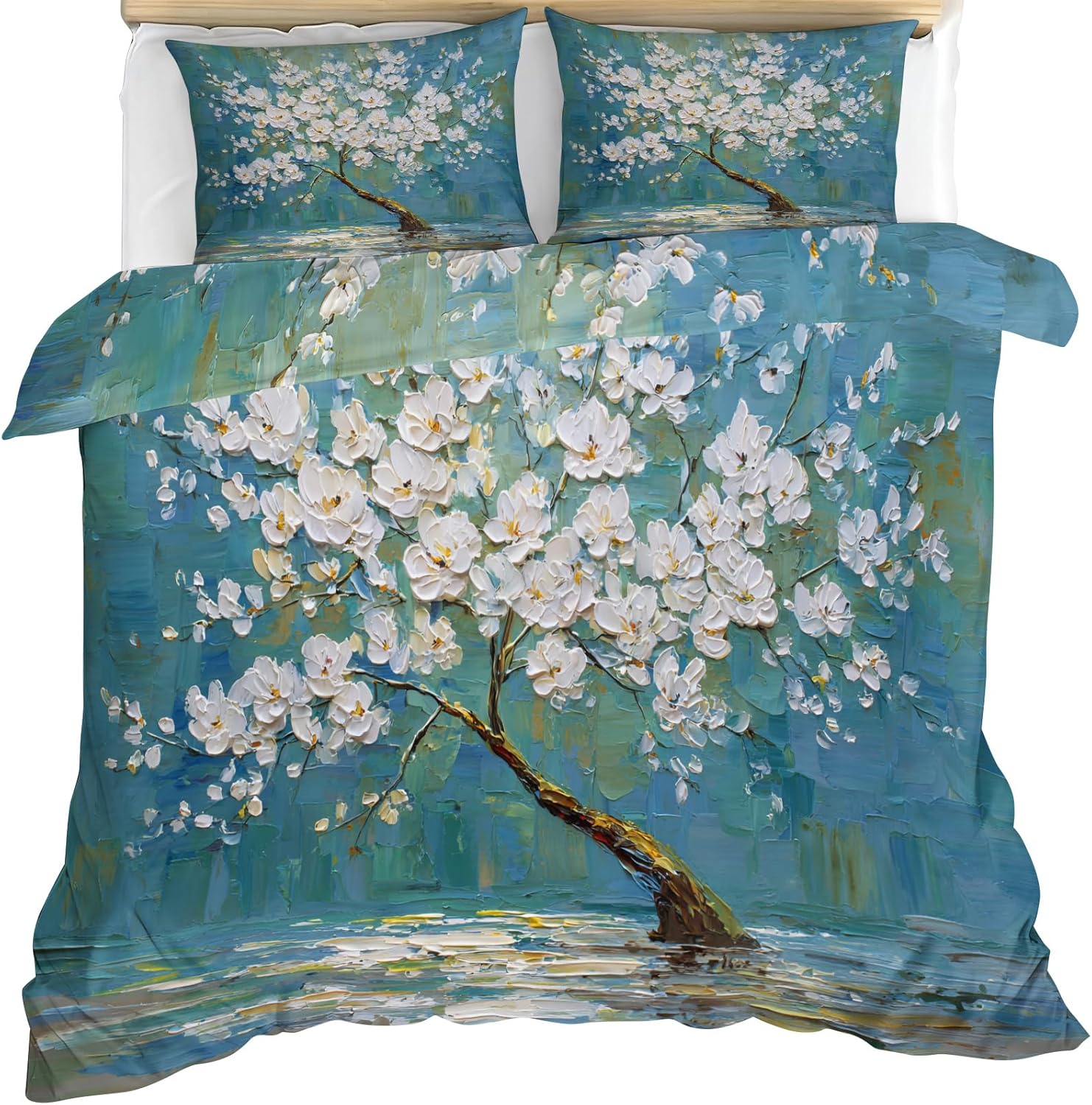 Queen Size Comforter Set with 2 Pillowcases, Floral Duvet Cover Oil Painting Almond Blossoms Bedding Set 3 Piece, Boho Turquoise Duvet Cover with Zipper Ties (NO Comforter)