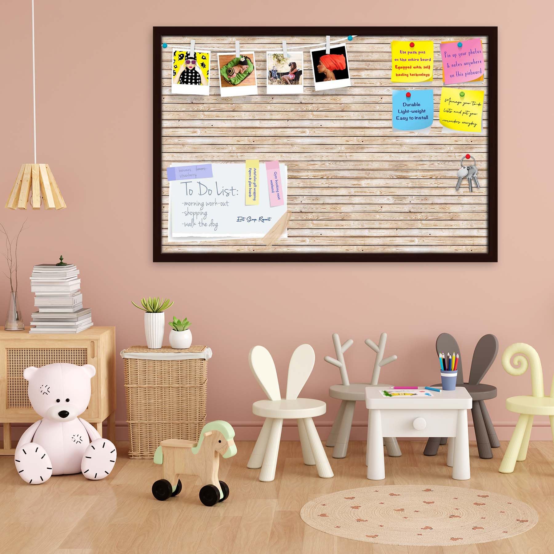 ArtzFolio Natural Texture | Bulletin Board Notice Pin Board | Vision Soft Board Combo with Thumb Push Pins & Sticky Notes | Dark Brown Frame | 30 x 20 inch (76 x 51 cms)
