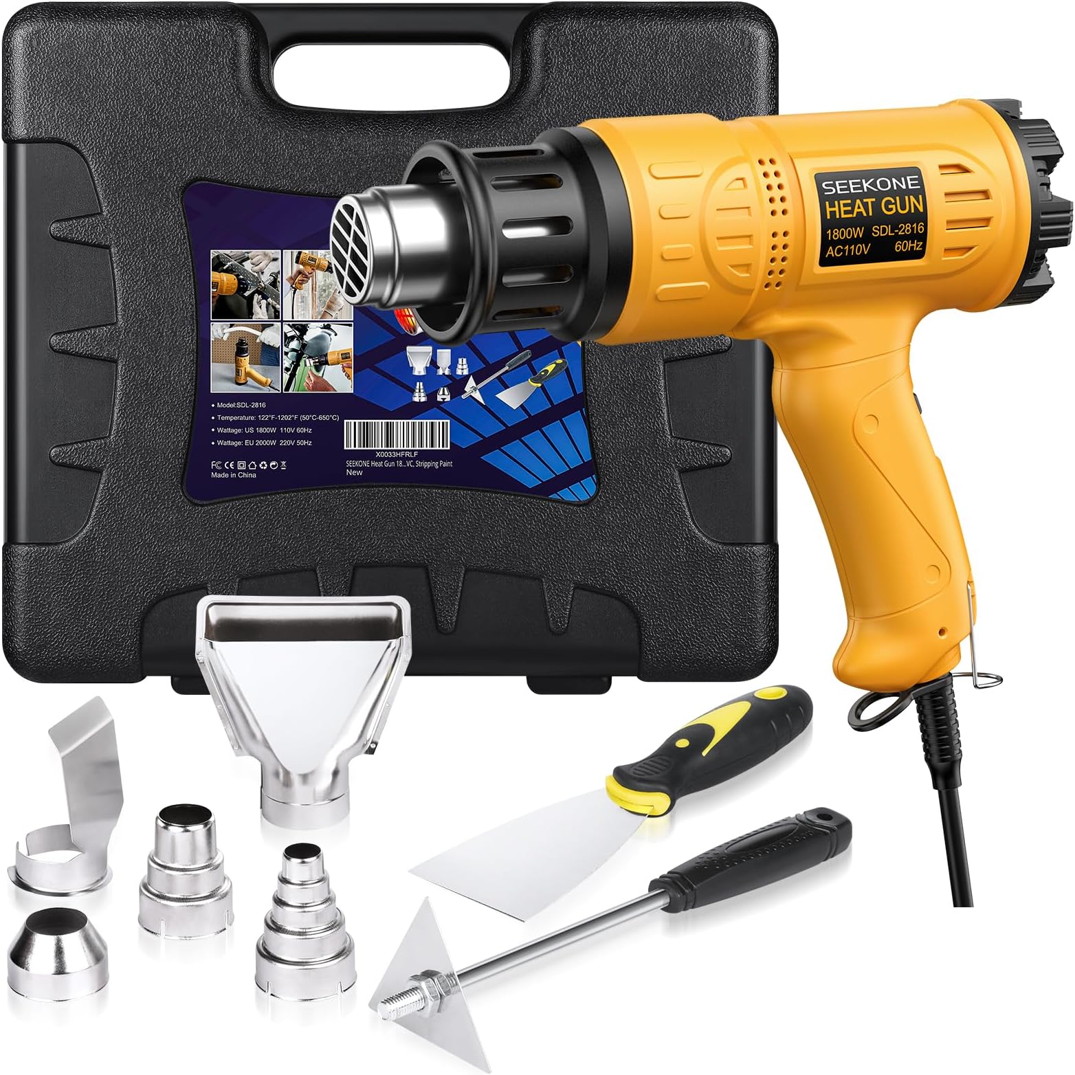 SEEKONE Heat Gun 1800W Heavy Duty Hot Air Gun Kit With Carry Case Variable Temperature Control 122℉-1112℉（50℃- 600℃） Overload Protection with 4 Nozzles for Crafts, Shrinking PVC, Stripping Paint