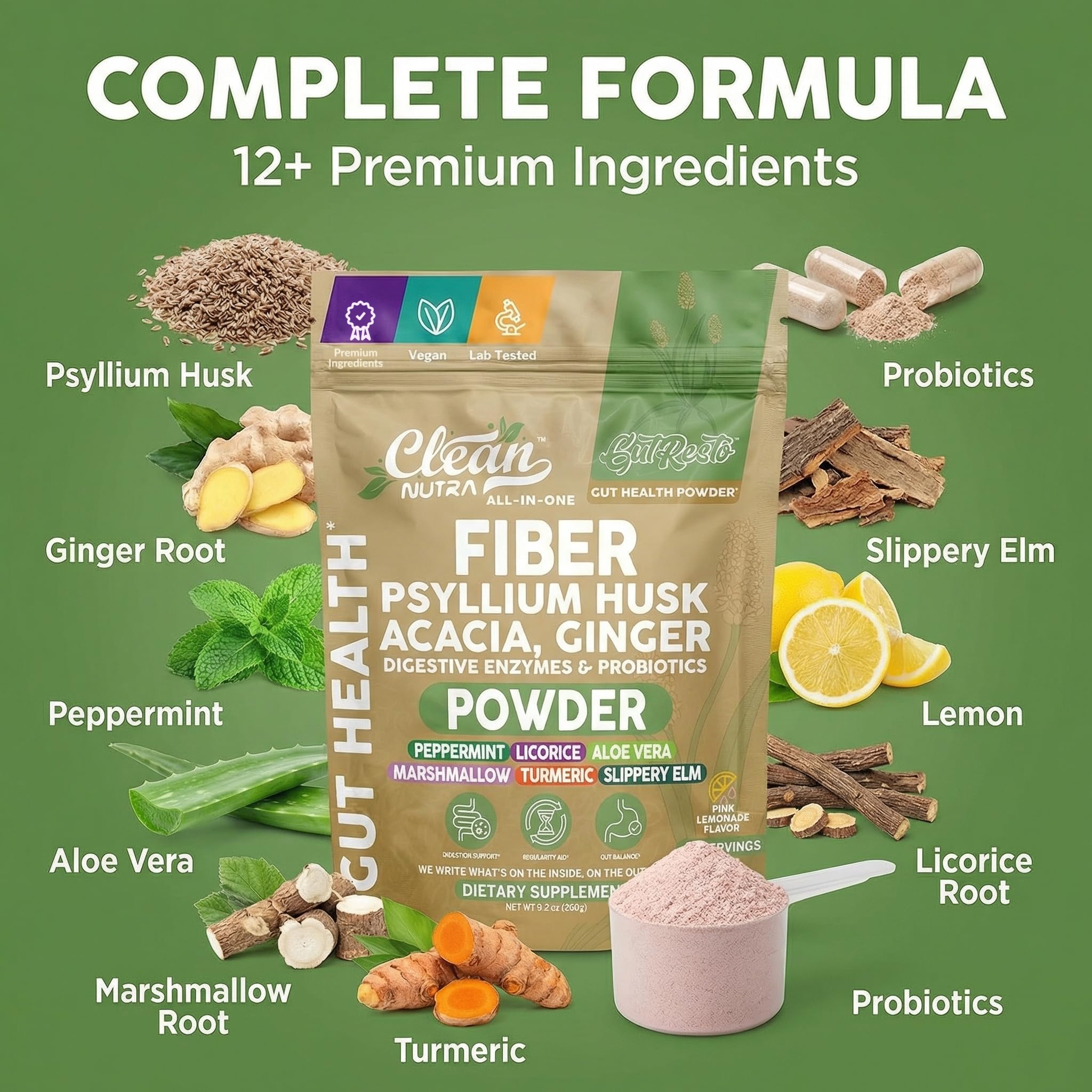 GutResto Fiber Supplement Psyllium Husk Powder Probiotic Gut Health Digestive Enzymes Prebiotic L-Glutamine Slippery Elm Aloe Vera Marshmallow Root Turmeric Ginger Peppermint by Clean Nutra 30 Svgs — Amazon image 4