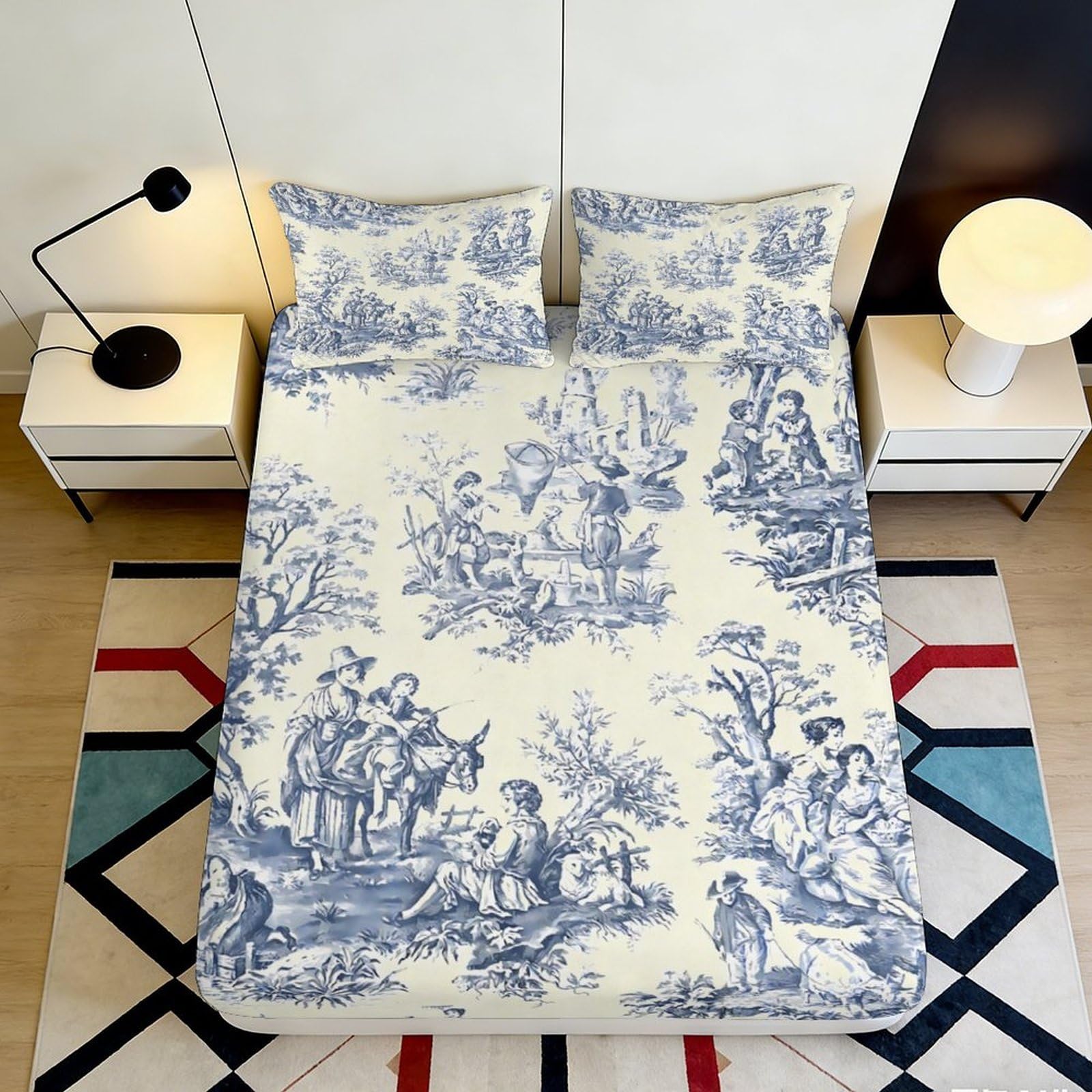 3D Printed Vintage Pastoral Fitted Sheet Microfiber Soft Breathable Toile de Jouy Bed Cover for Bedroom Guest Room Decor 90x200x25cm