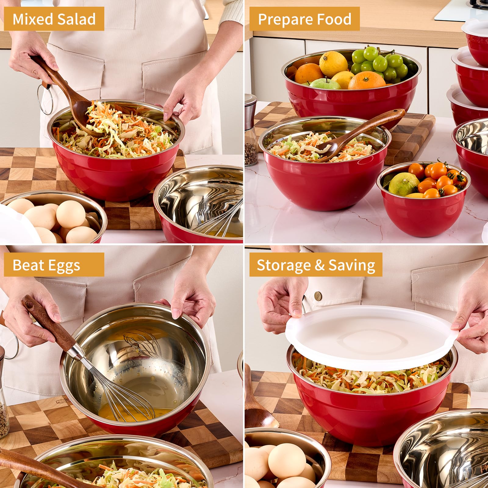 Cuencos rojos para mezclar con tapas herméticas, juego de 7 cuencos de acero inoxidable, ideales para hornear, preparar y servir alimentos, tamaño 7, 3.6, 2.7, 2.1, 1.5, 1.1, 0.8 cuartos de
