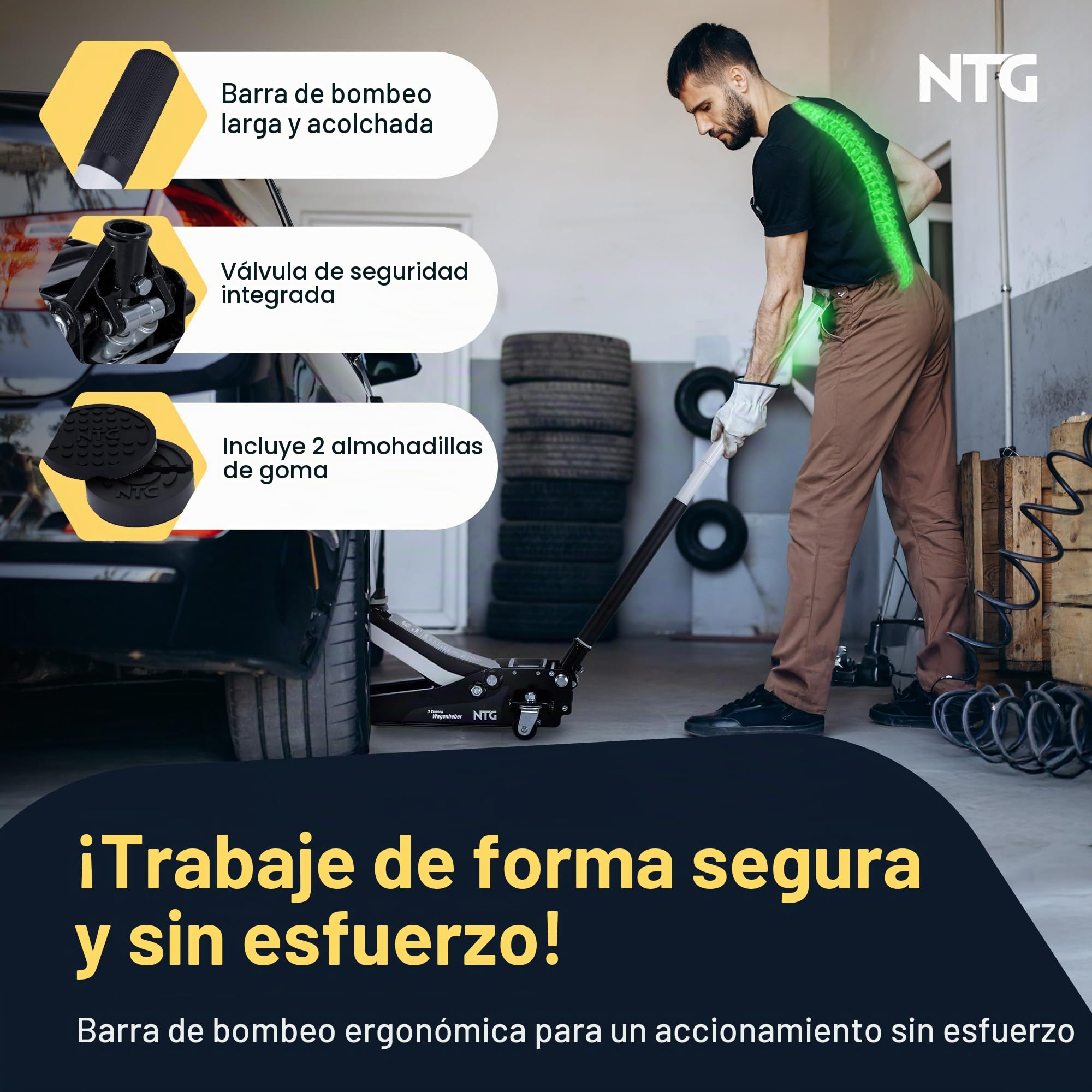 NTG Gato hidráulico hidráulico 3T, capacidad de carga 85 – 485 mm, gato hidráulico con 2 almohadillas de goma para SUV y coches bajos, pistón doble 3000 kg para coche, taller, con bandeja magnética y