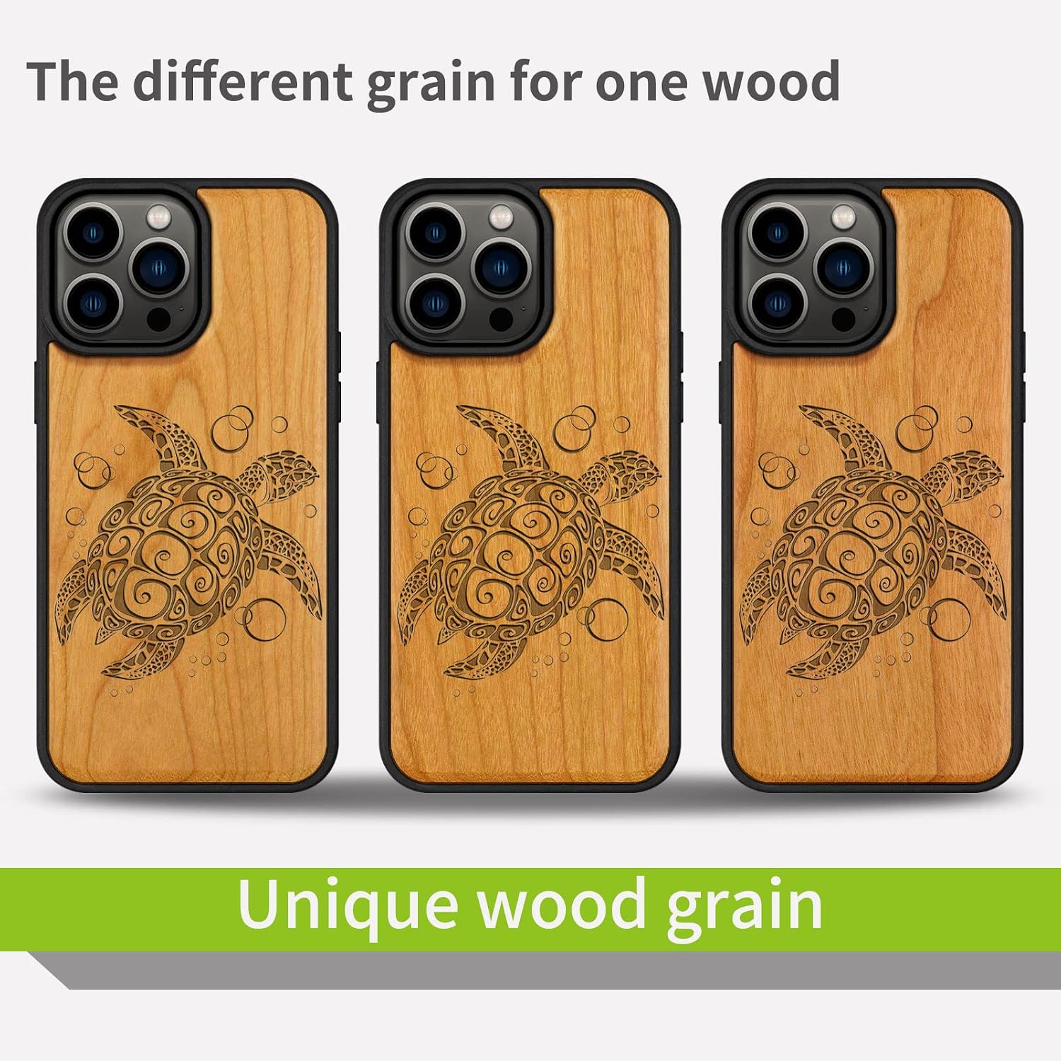 Carveit Magnetic Wood Case for iPhone 14 Pro Max [Natural Wood & Black Soft TPU] Unique & Classy Wooden Shockproof Protective Cover Compatible with magsafe (Sea Turtle -Cherry)